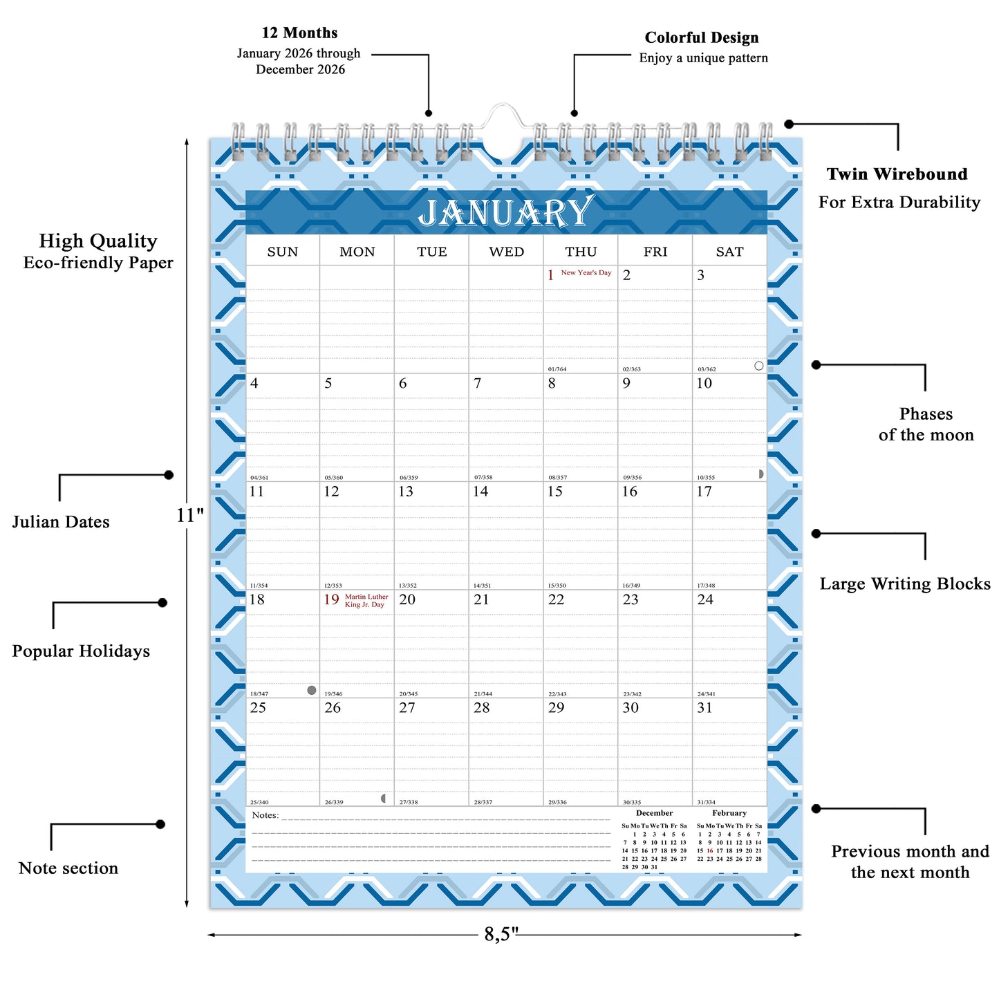 2026 Wall Calendar Spiral-Bound Twin-Wire Binding - 12 Months 03