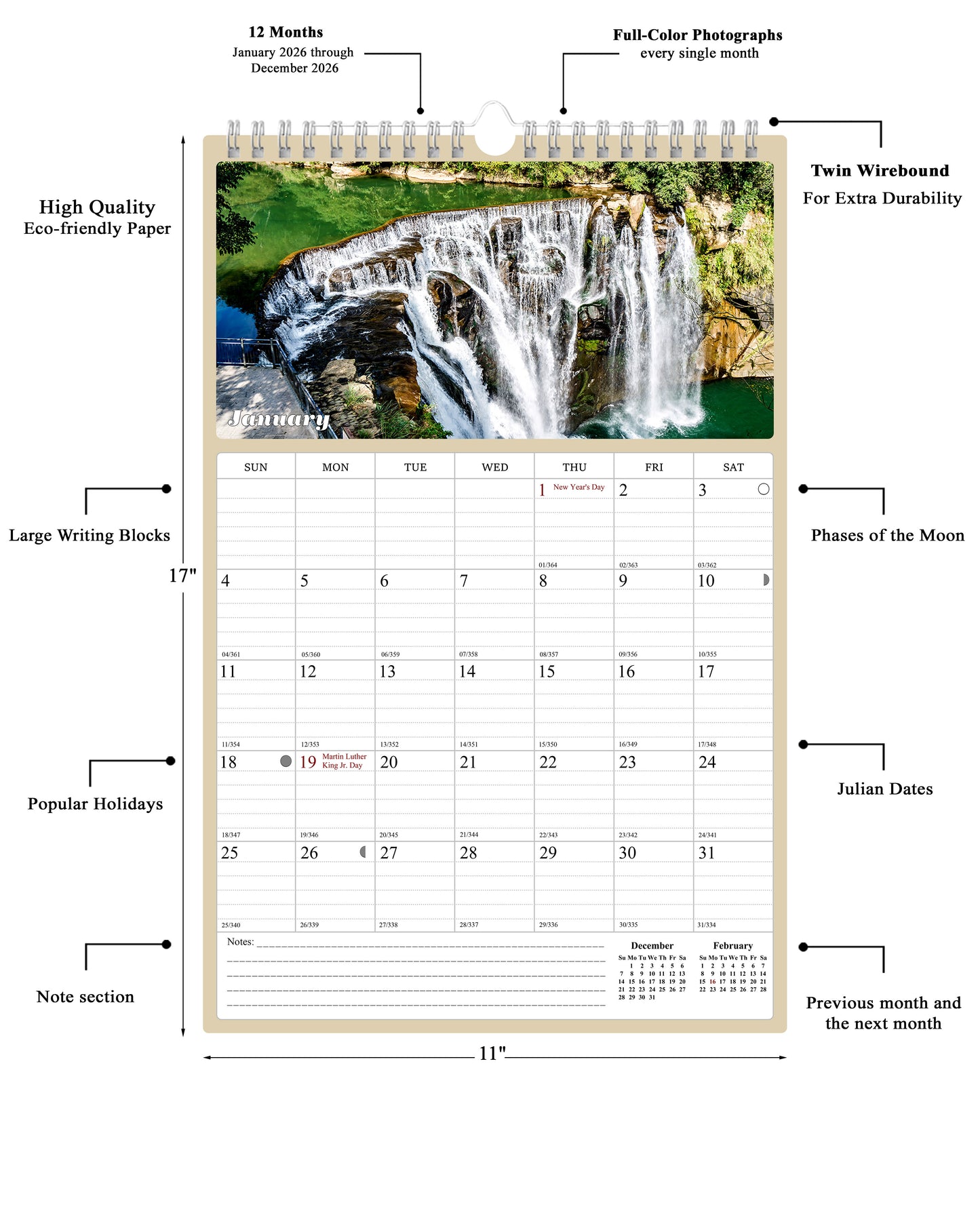 2026 Wall Calendar Spiral-bound Twin-Wire Binding - 12 Months Planner - Large Ruled Blocks with Julian Dates - (Waterfalls)