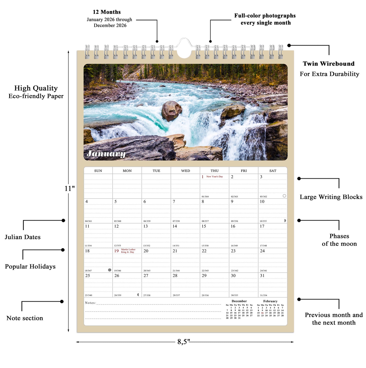 2026 Wall Calendar Spiral-bound Twin-Wire Binding - 12 Months Planner - Large Ruled Blocks with Julian Dates - (The Great Outdoors)