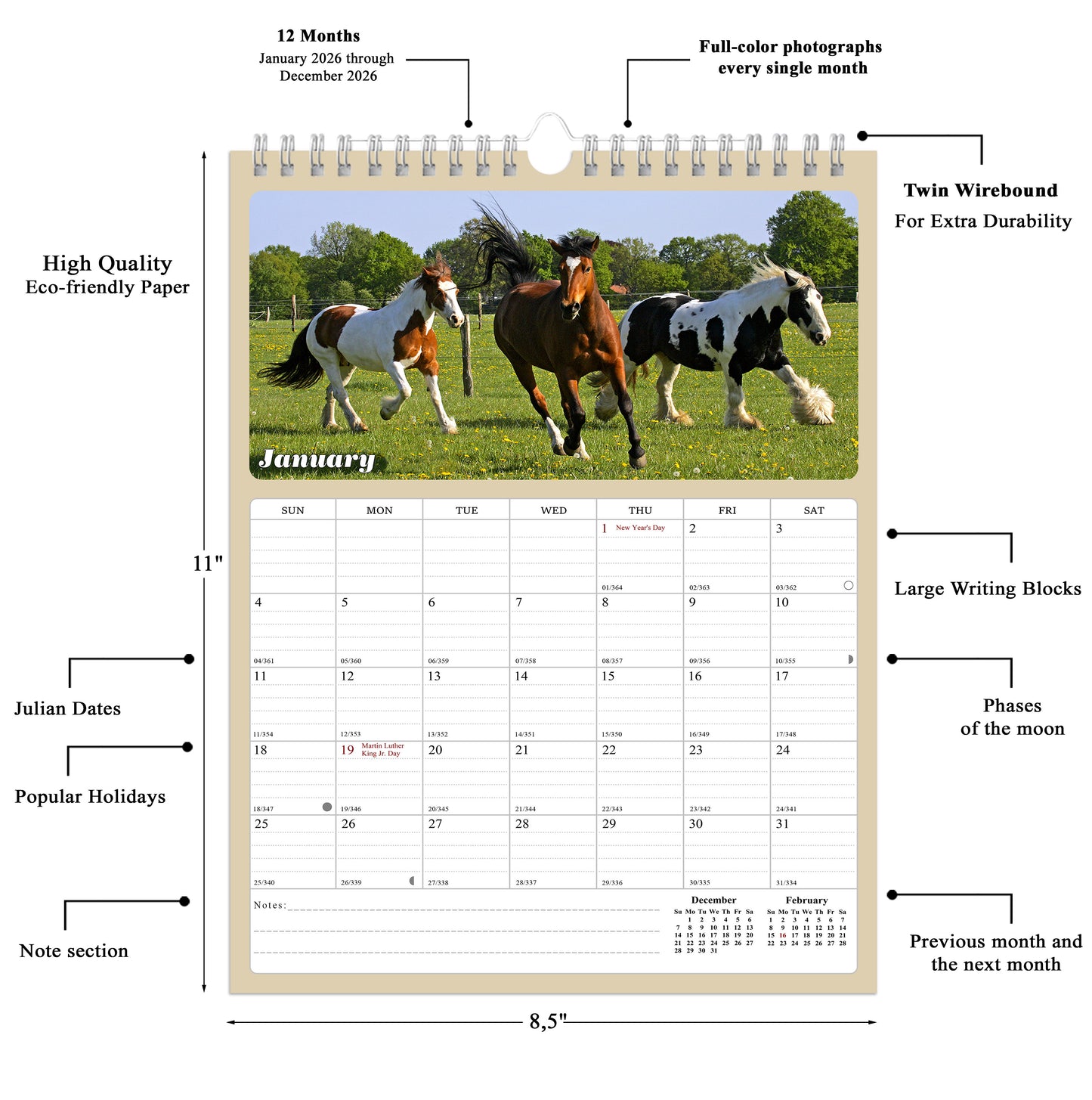 2026 Wall Calendar Spiral-bound Twin-Wire Binding - 12 Months Planner - Large Ruled Blocks with Julian Dates - (Horses)