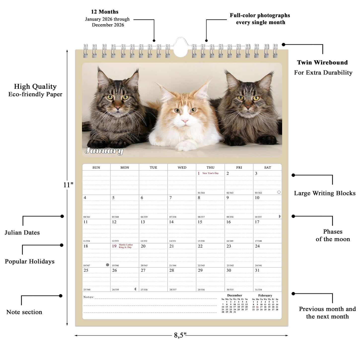 2026 Wall Calendar Spiral-bound Twin-Wire Binding - 12 Months Planner - Large Ruled Blocks with Julian Dates - (Cats)