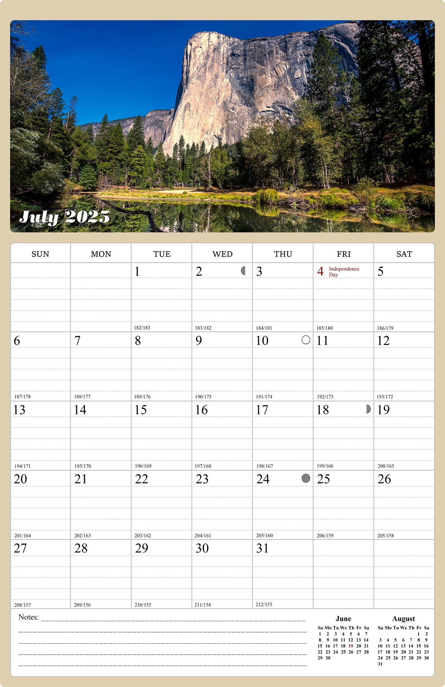 2025 - 2026 Wall Calendar Spiral-bound Twin-Wire Binding - 18 Months Planner - Large Ruled Blocks with Julian Dates - (Outdoors)
