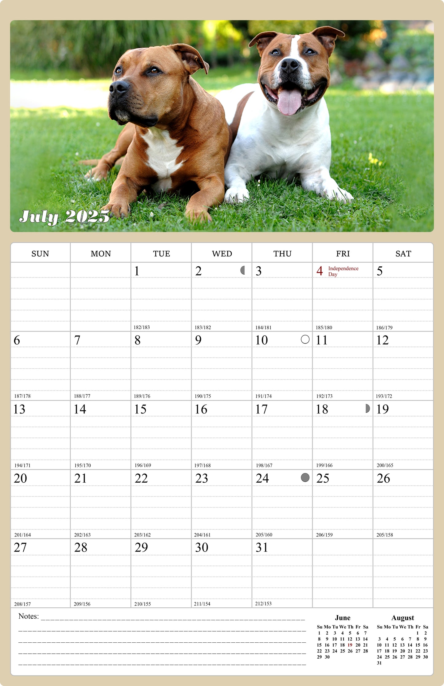 2025 - 2026 Wall Calendar Spiral-bound Twin-Wire Binding - 18 Months Planner - Large Ruled Blocks with Julian Dates - (Dogs)
