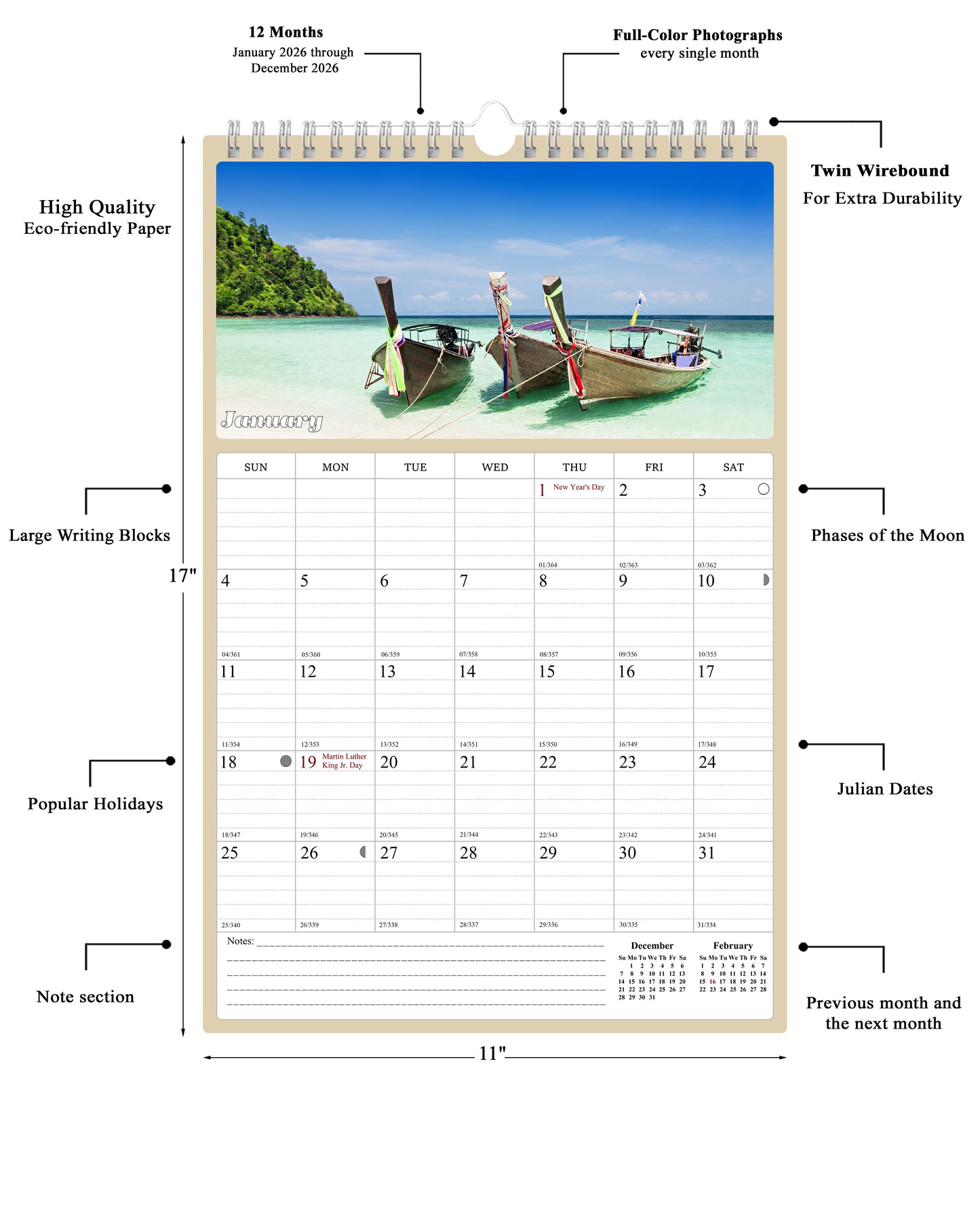 2026 Wall Calendar Spiral-bound Twin-Wire Binding - 12 Months Planner - Large Ruled Blocks with Julian Dates - (Beaches)
