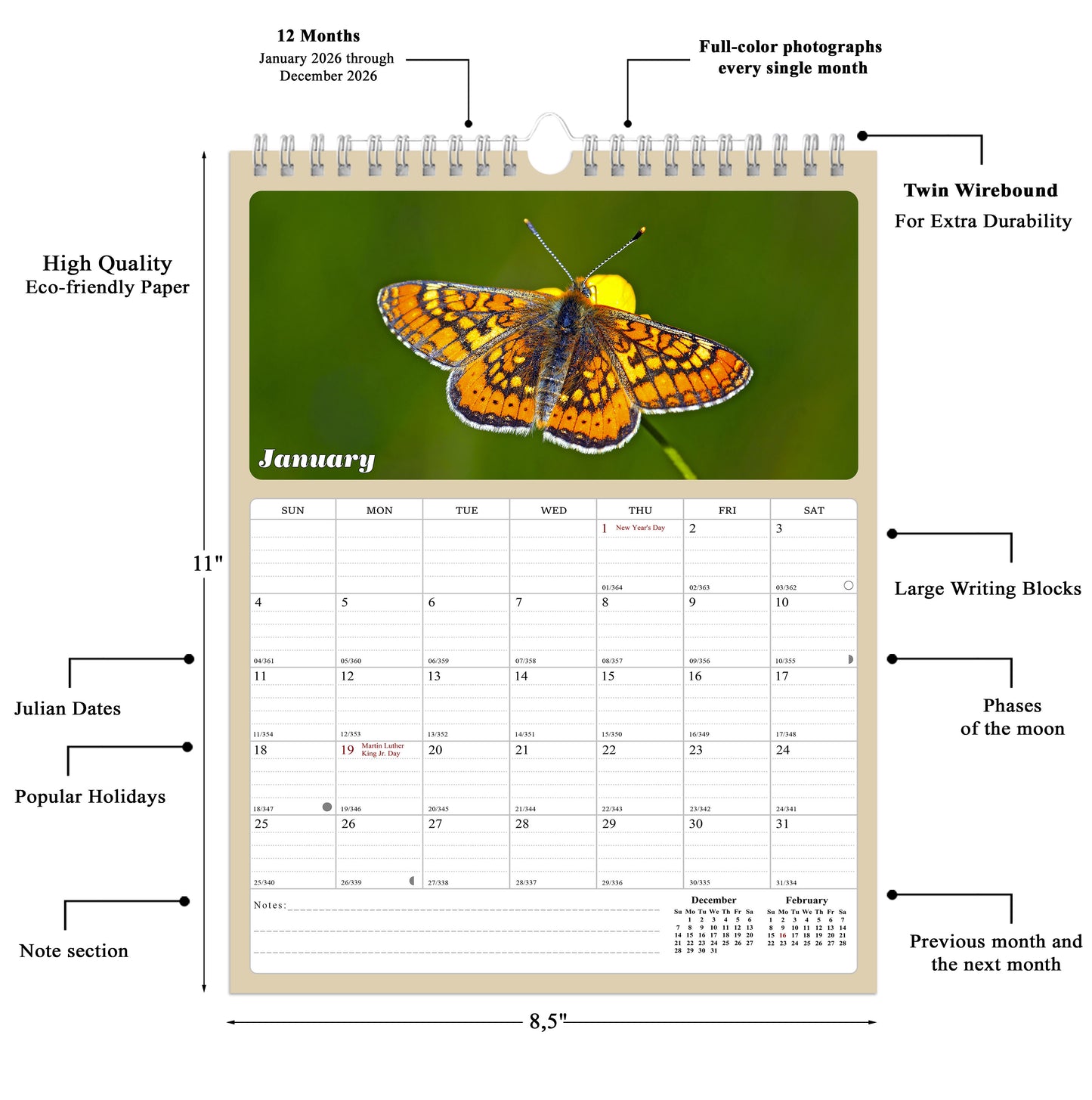 2026 Wall Calendar Spiral-bound Twin-Wire Binding - 12 Months Planner - Large Ruled Blocks with Julian Dates - (Butterfly)