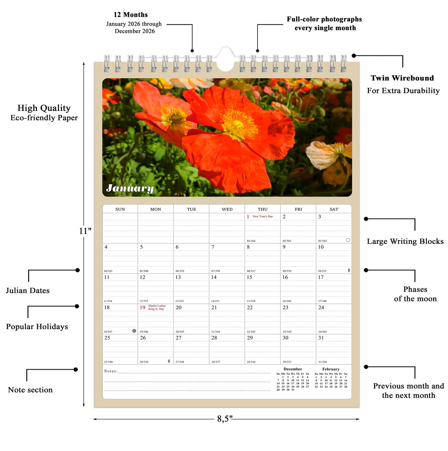 2026 Wall Calendar Spiral-bound Twin-Wire Binding - 12 Months Planner - Large Ruled Blocks with Julian Dates - (Flowers)