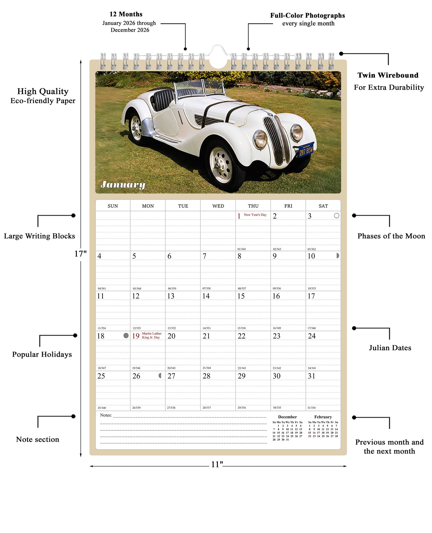 2026 Wall Calendar Spiral-bound Twin-Wire Binding - 12 Months Planner - Large Ruled Blocks with Julian Dates - (Classic Cars)