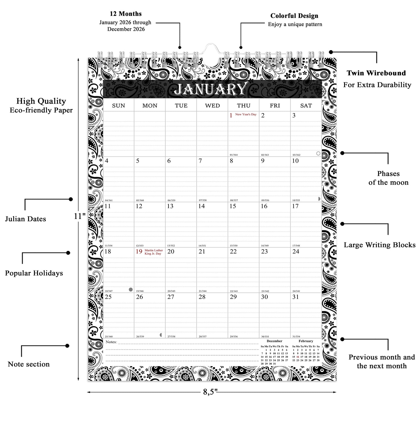 2026 Wall Calendar Spiral-Bound Twin-Wire Binding - 12 Months 06