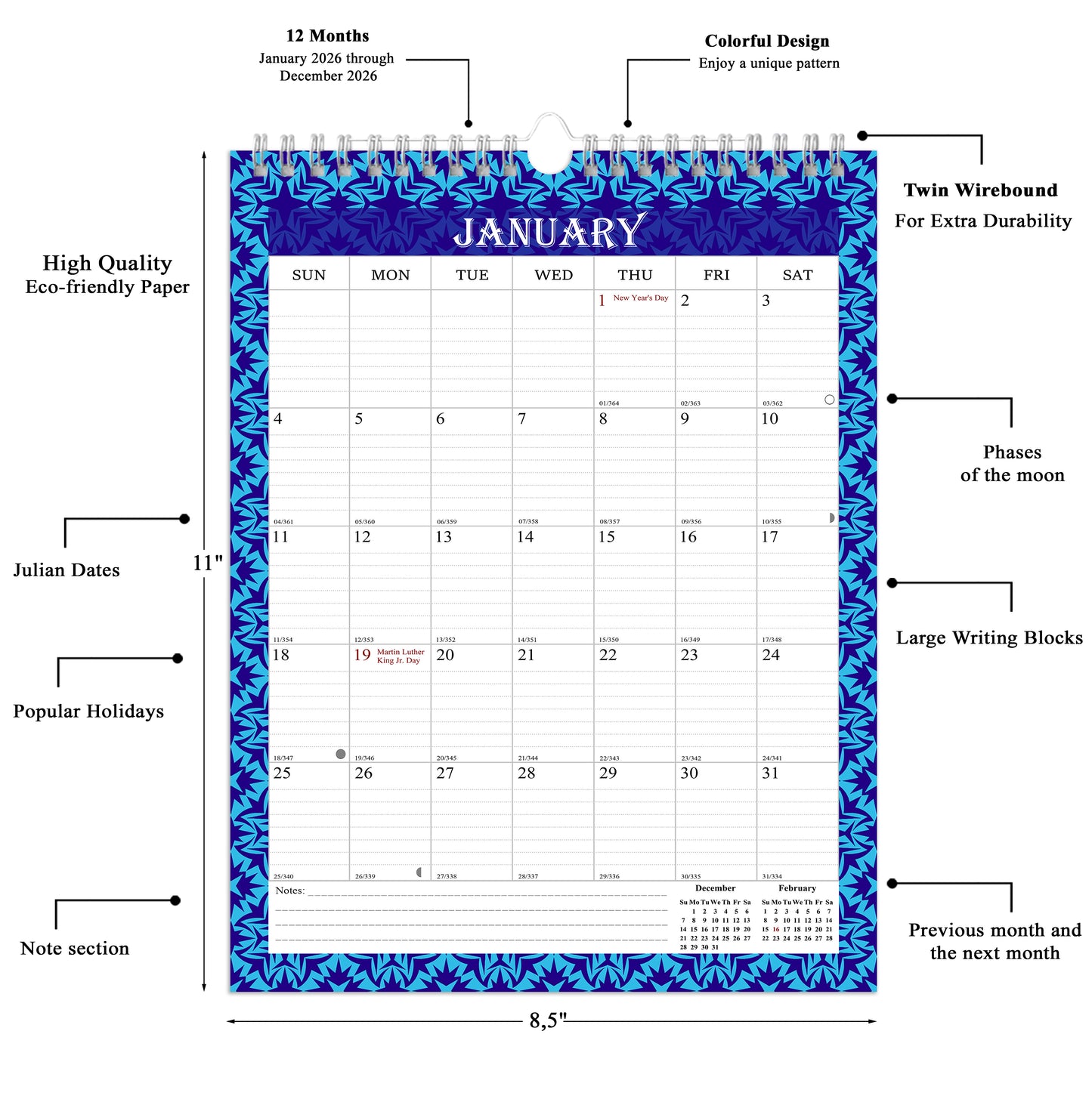 2026 Wall Calendar Spiral-Bound Twin-Wire Binding - 12 Months 14