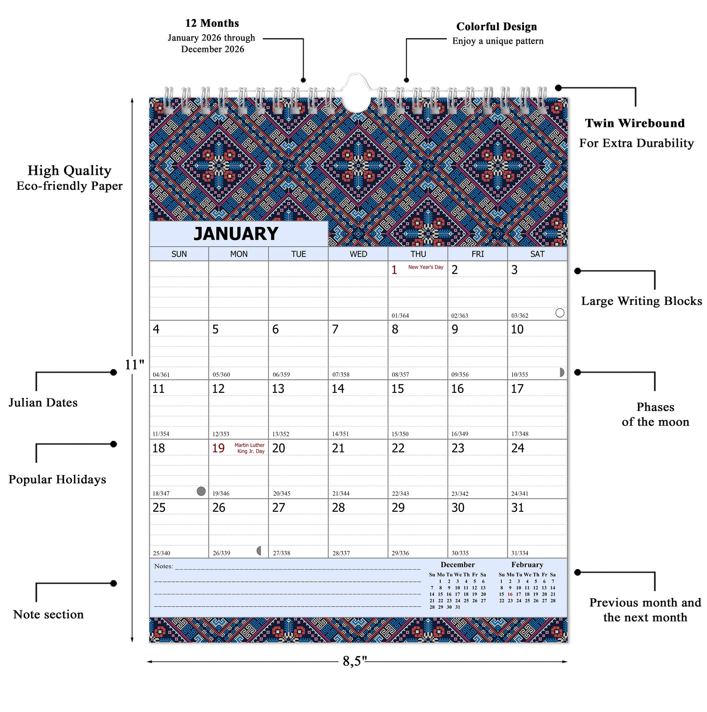 2026 Wall Calendar Spiral-Bound Twin-Wire Binding - 12 Months 18