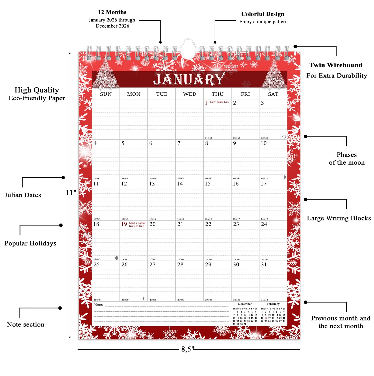 2026 Wall Calendar Spiral-Bound Twin-Wire Binding - 12 Months 12 (Holidays)