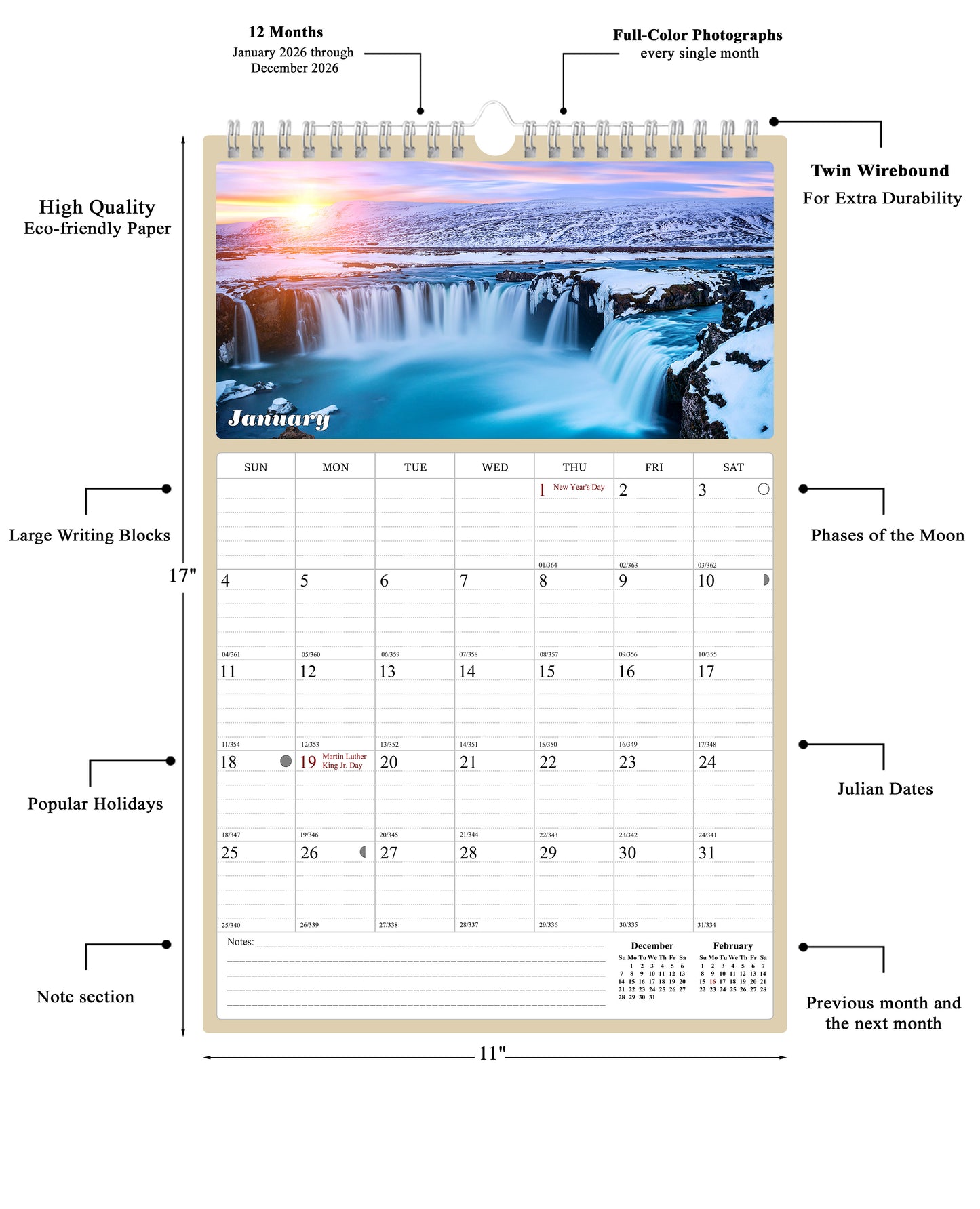 2026 Wall Calendar Spiral-bound Twin-Wire Binding - 12 Months Planner - Large Ruled Blocks with Julian Dates - (Sunset&Sunrise)