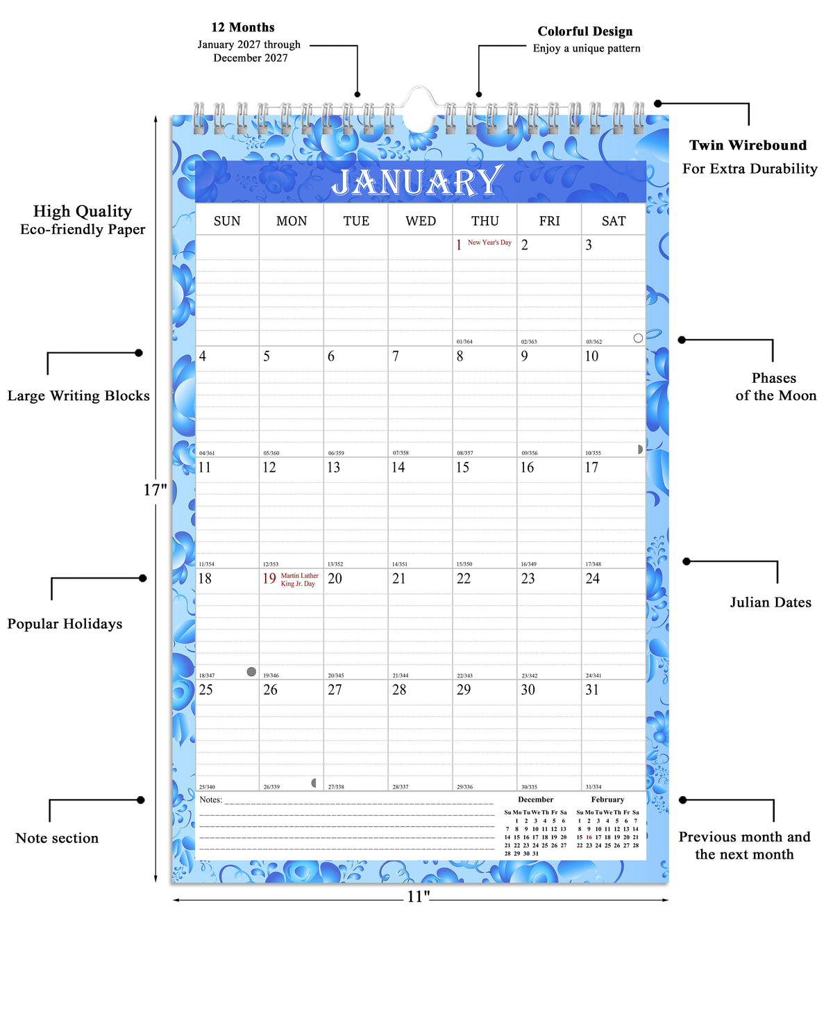 2027 Wall Calendar Spiral-Bound Twin-Wire Binding - 12 Months 15