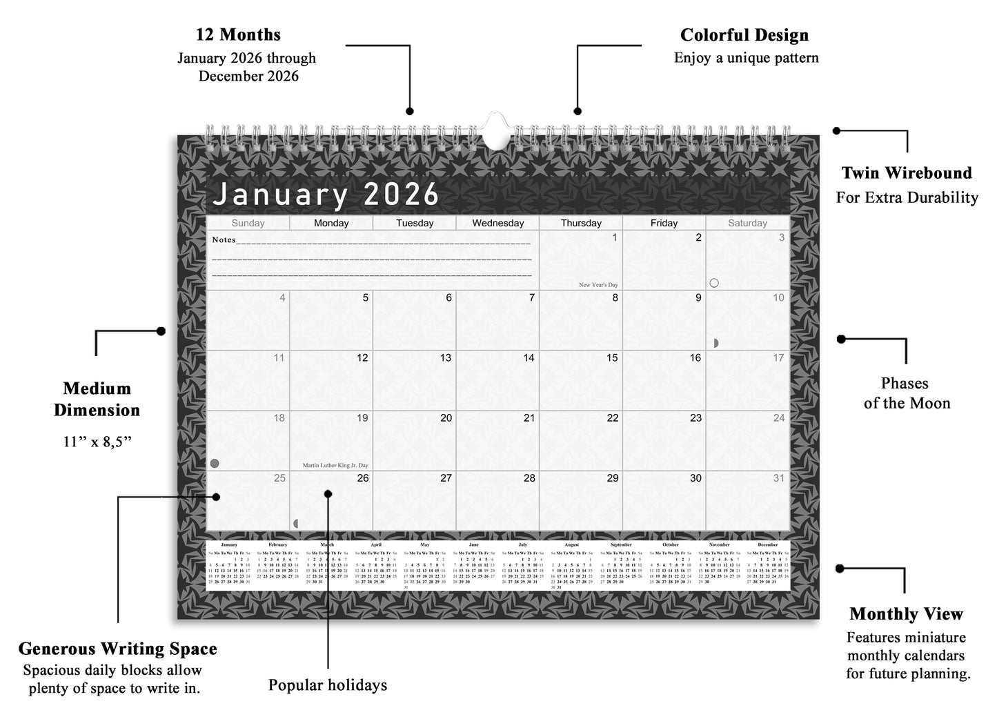 2025-2026 Monthly Spiral-Bound Wall/Desk Calendar - Desktop/Wall Blotter Calendar/Planner - (Edition B&W #017)