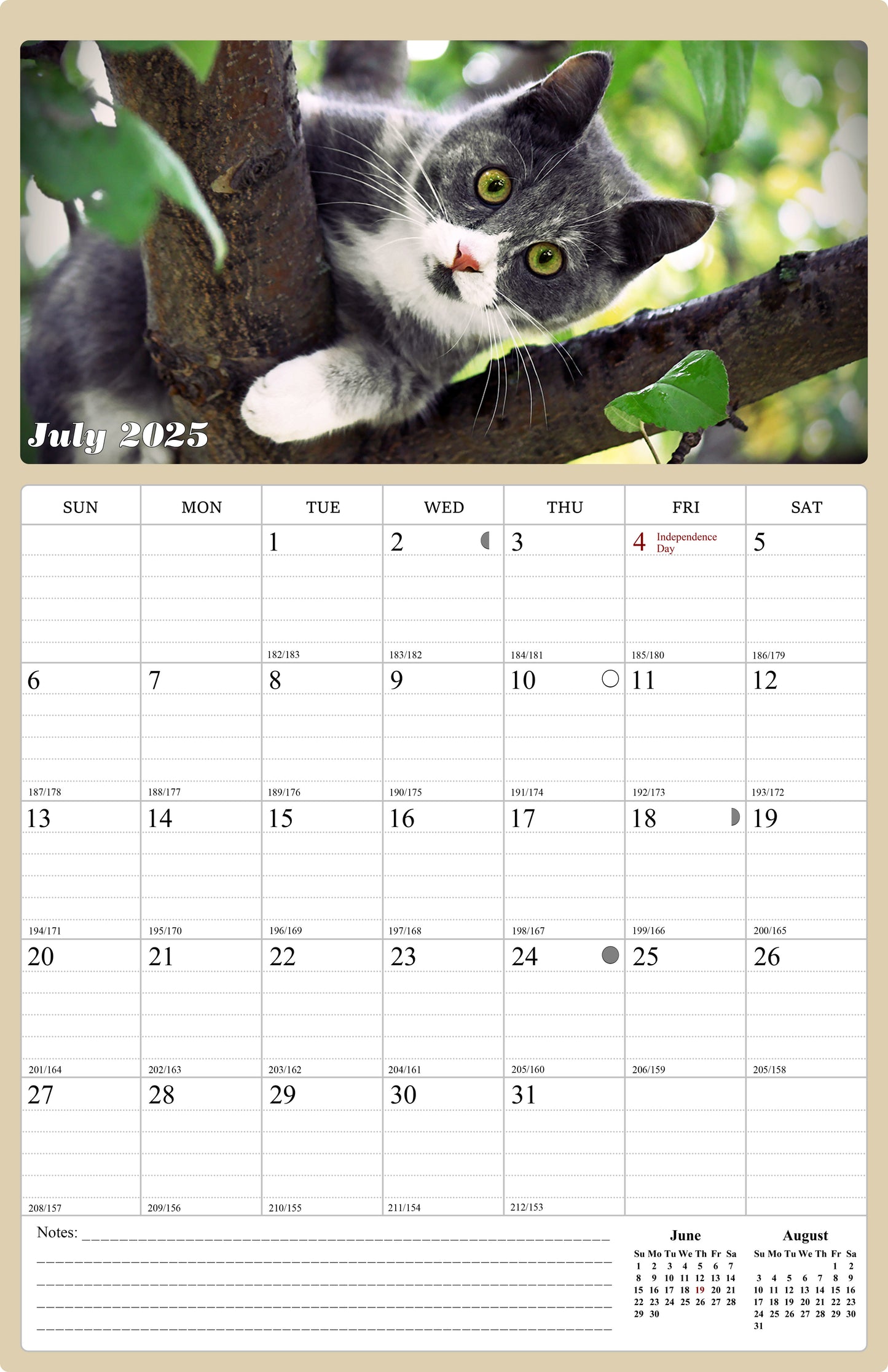 2025 - 2026 Wall Calendar Spiral-bound Twin-Wire Binding - 18 Months Planner - Large Ruled Blocks with Julian Dates - (Cats)