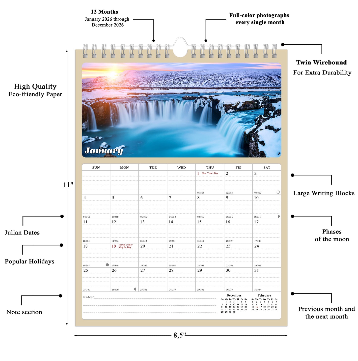 2026 Wall Calendar Spiral-bound Twin-Wire Binding - 12 Months Planner - Large Ruled Blocks with Julian Dates - (Sunset&Sunrise)
