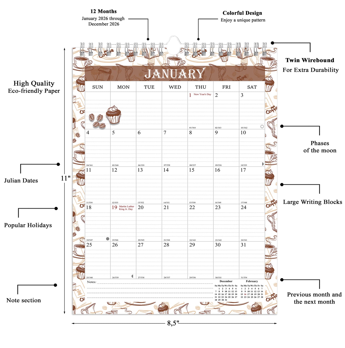 2026 Wall Calendar Spiral-Bound Twin-Wire Binding - 12 Months 10