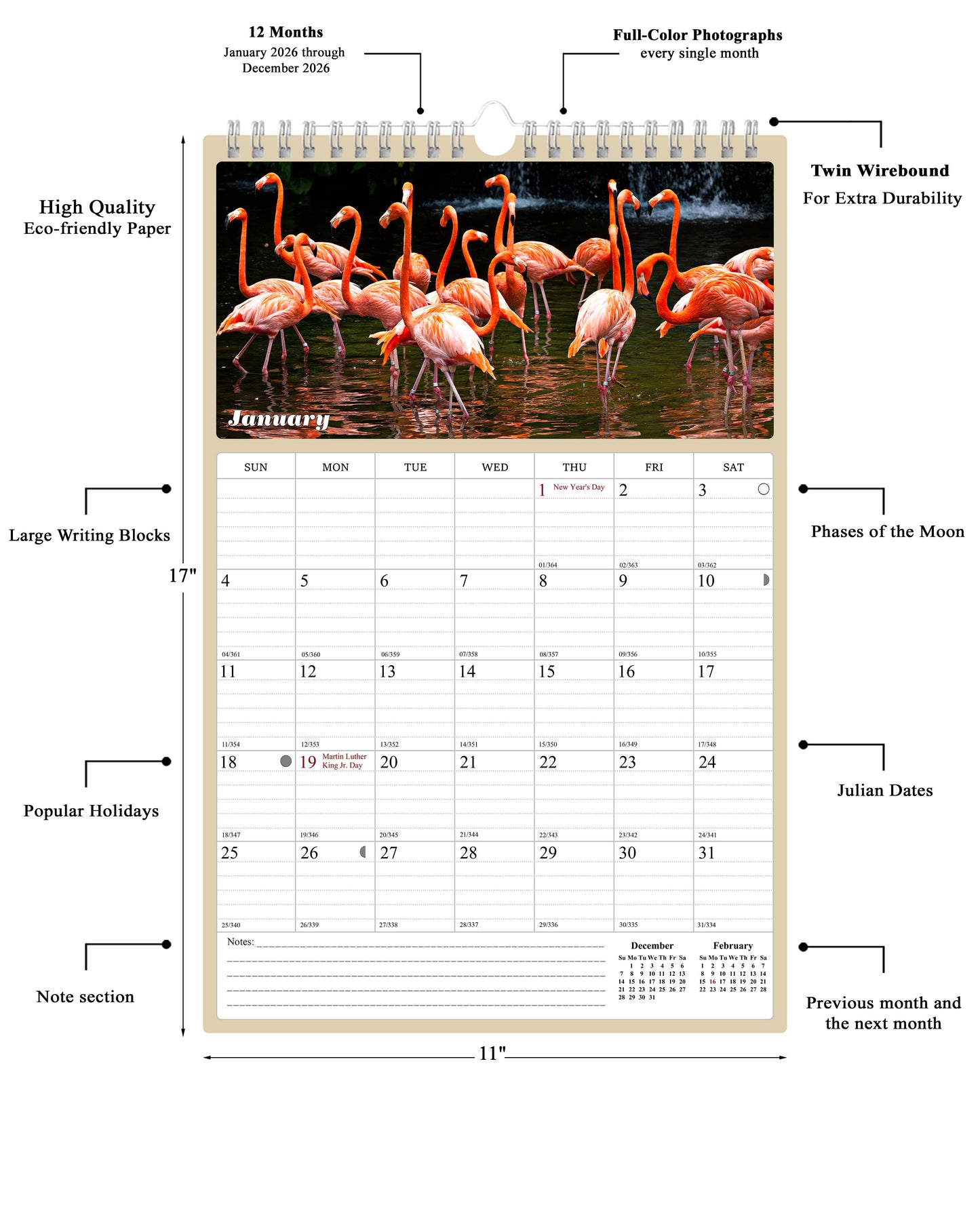 2026 Wall Calendar Spiral-bound Twin-Wire Binding - 12 Months Planner - Large Ruled Blocks with Julian Dates - (Birds)