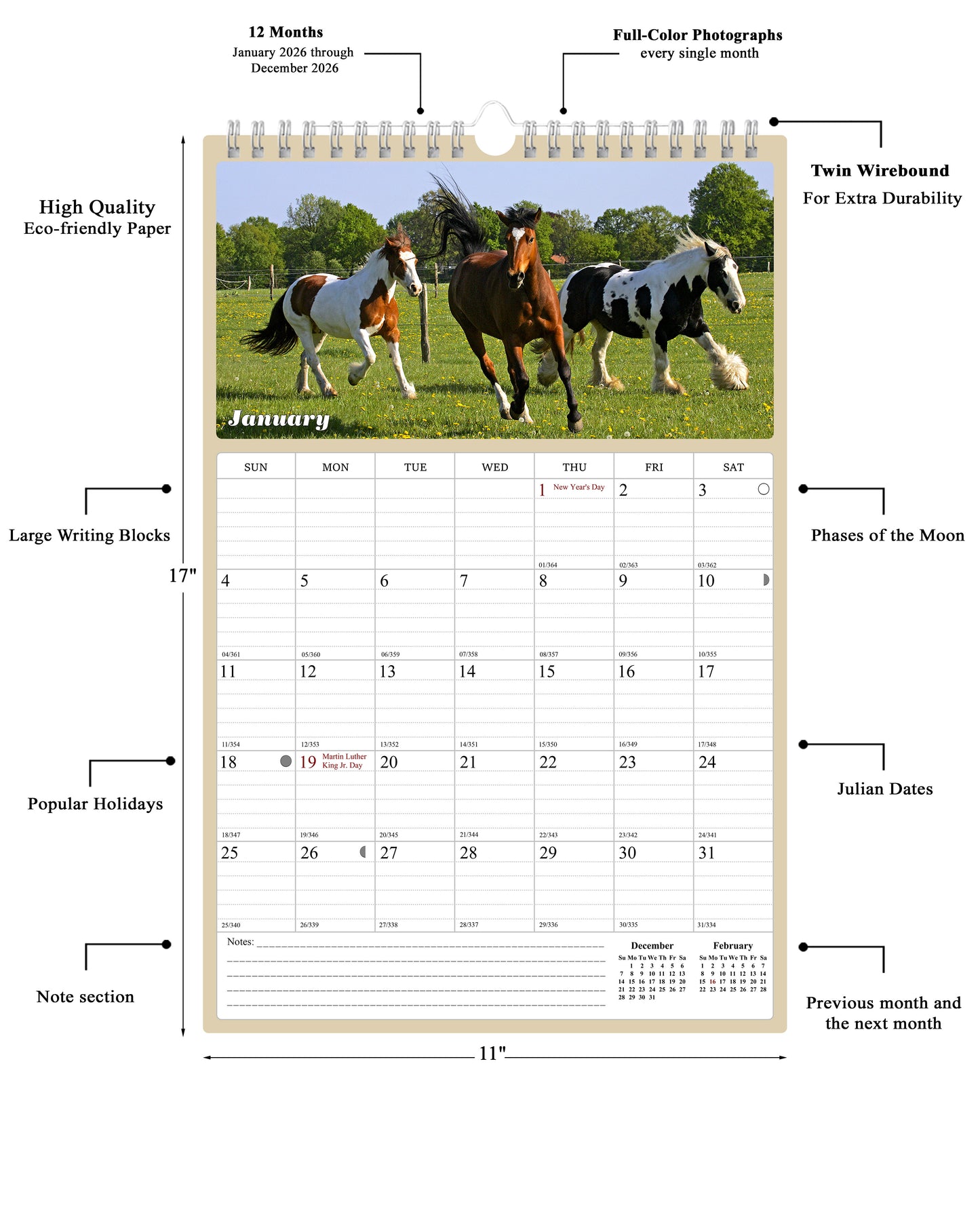 2026 Wall Calendar Spiral-bound Twin-Wire Binding - 12 Months Planner - Large Ruled Blocks with Julian Dates - (Horses)