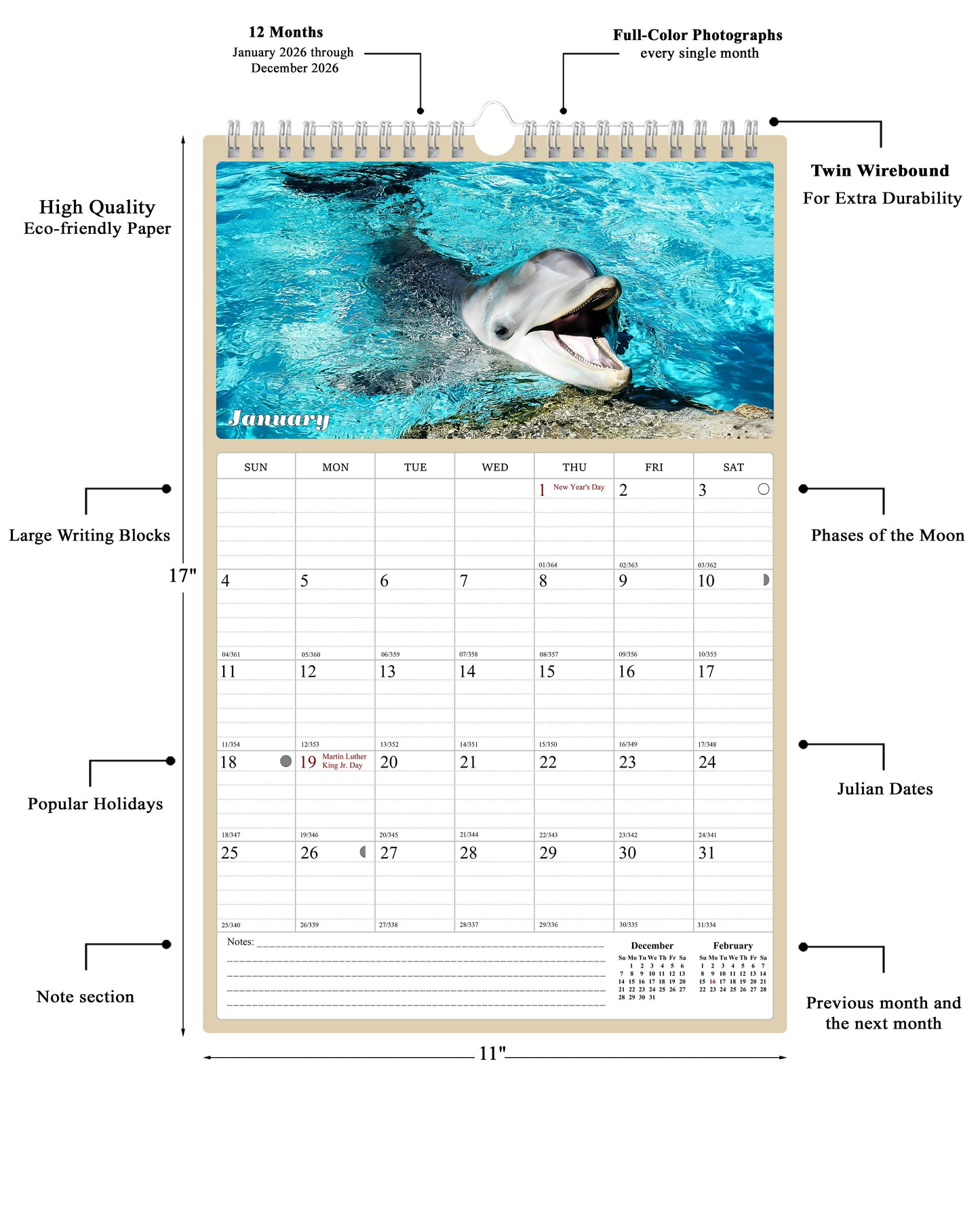 2026 Wall Calendar Spiral-bound Twin-Wire Binding - 12 Months Planner - Large Ruled Blocks with Julian Dates - (Dolphins)
