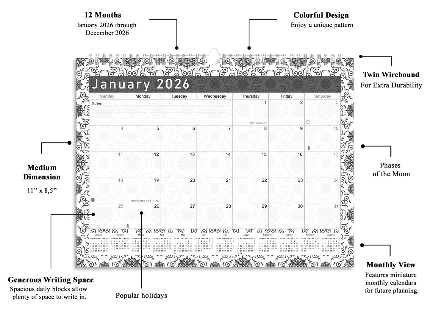 2025-2026 Monthly Spiral-Bound Wall/Desk Calendar - Desktop/Wall Blotter Calendar/Planner - (Edition B&W #014)