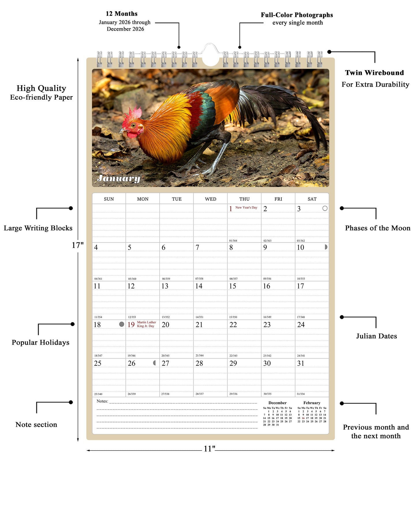 2026 Wall Calendar Spiral-bound Twin-Wire Binding - 12 Months Planner - Large Ruled Blocks with Julian Dates - (Roosters)