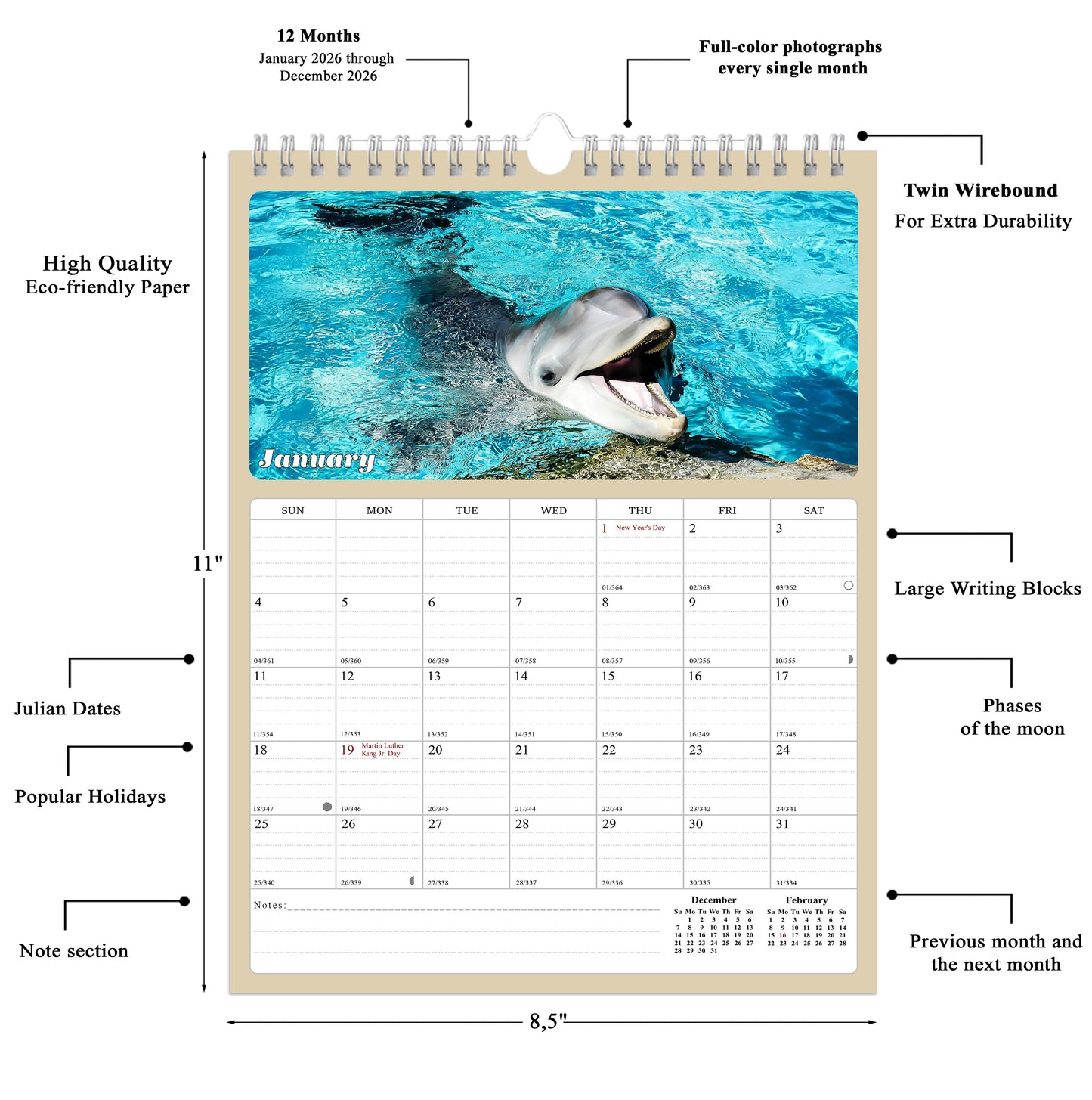 2026 Wall Calendar Spiral-bound Twin-Wire Binding - 12 Months Planner - Large Ruled Blocks with Julian Dates - (Dolphins)