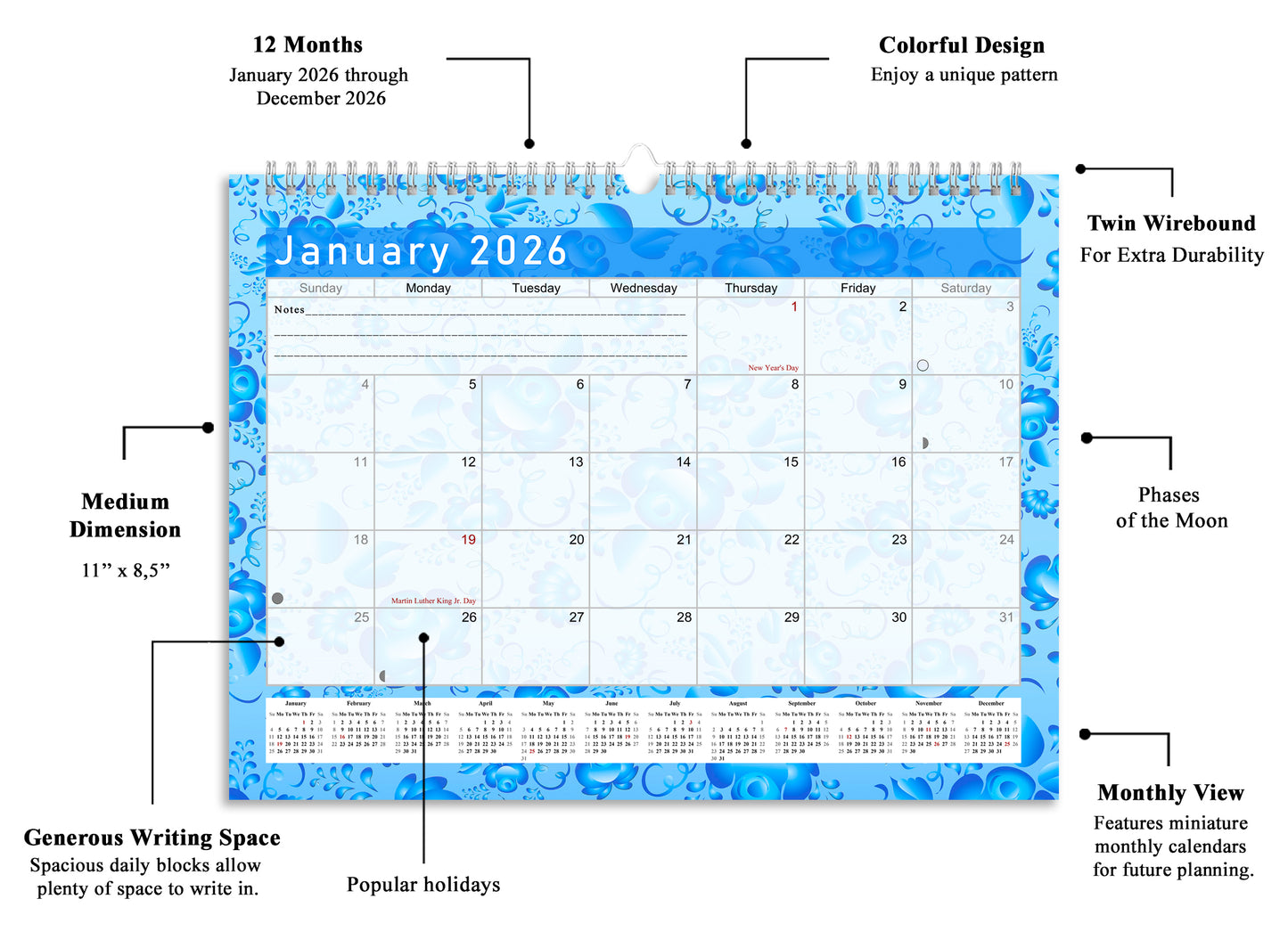 20255-2026 Monthly Spiral-Bound Wall / Desk Calendar - Desktop / Wall Blotter Calendar / Planner - (Edition #19)