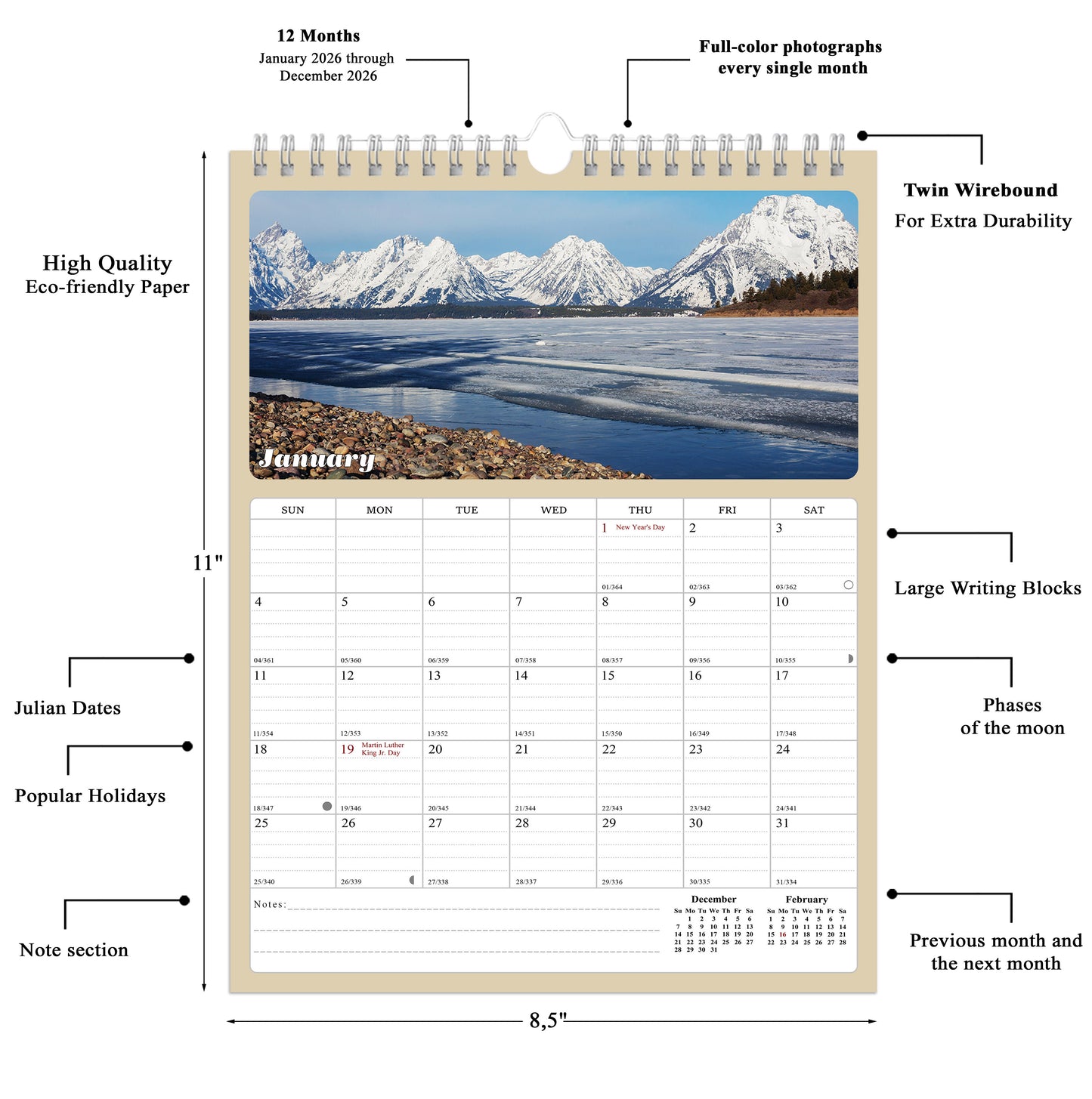 2026 Wall Calendar Spiral-bound Twin-Wire Binding - 12 Months Planner - Large Ruled Blocks with Julian Dates - (National Parks)