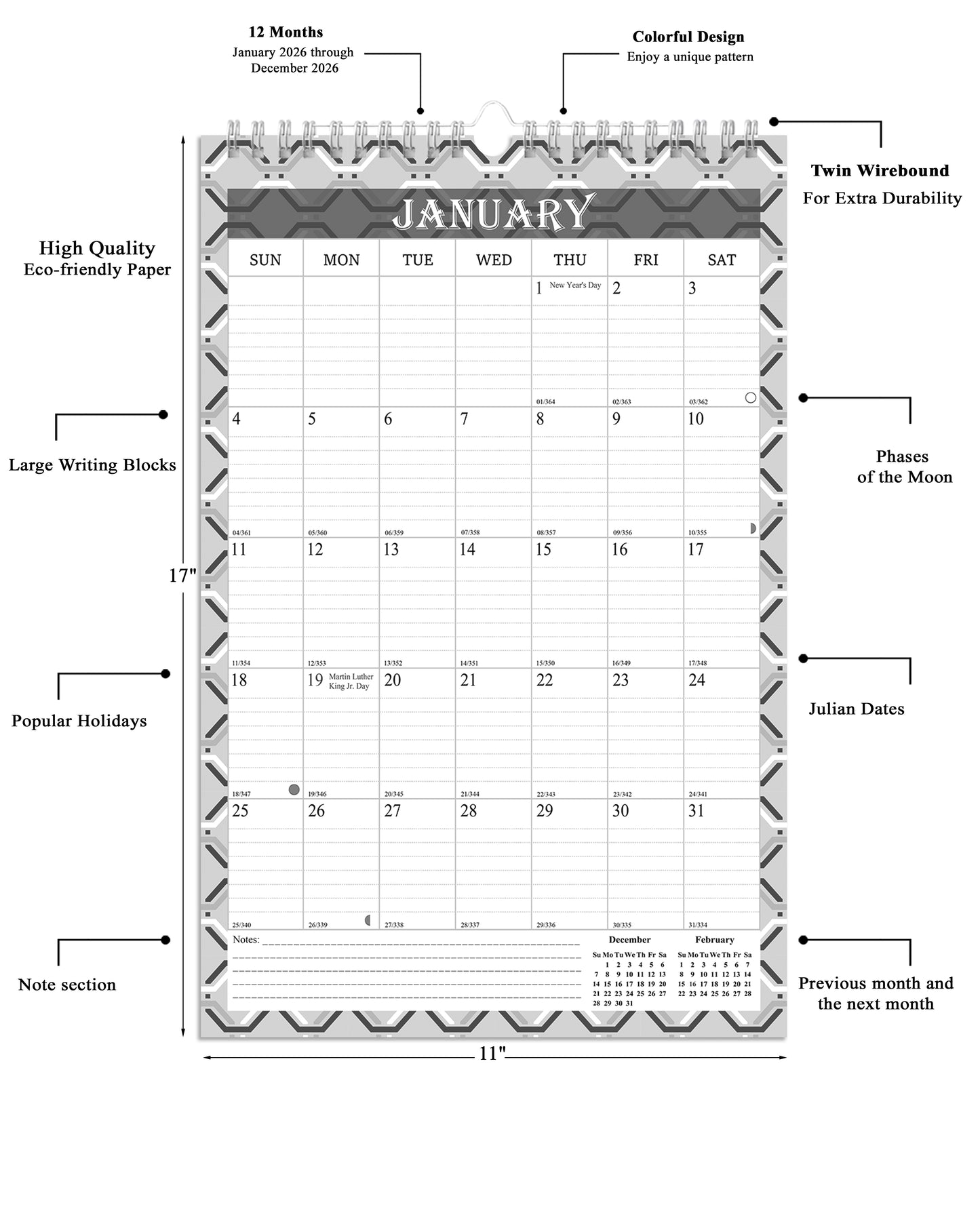 2026 Wall Calendar Spiral-Bound Twin-Wire Binding - 12 Months 03 B&W
