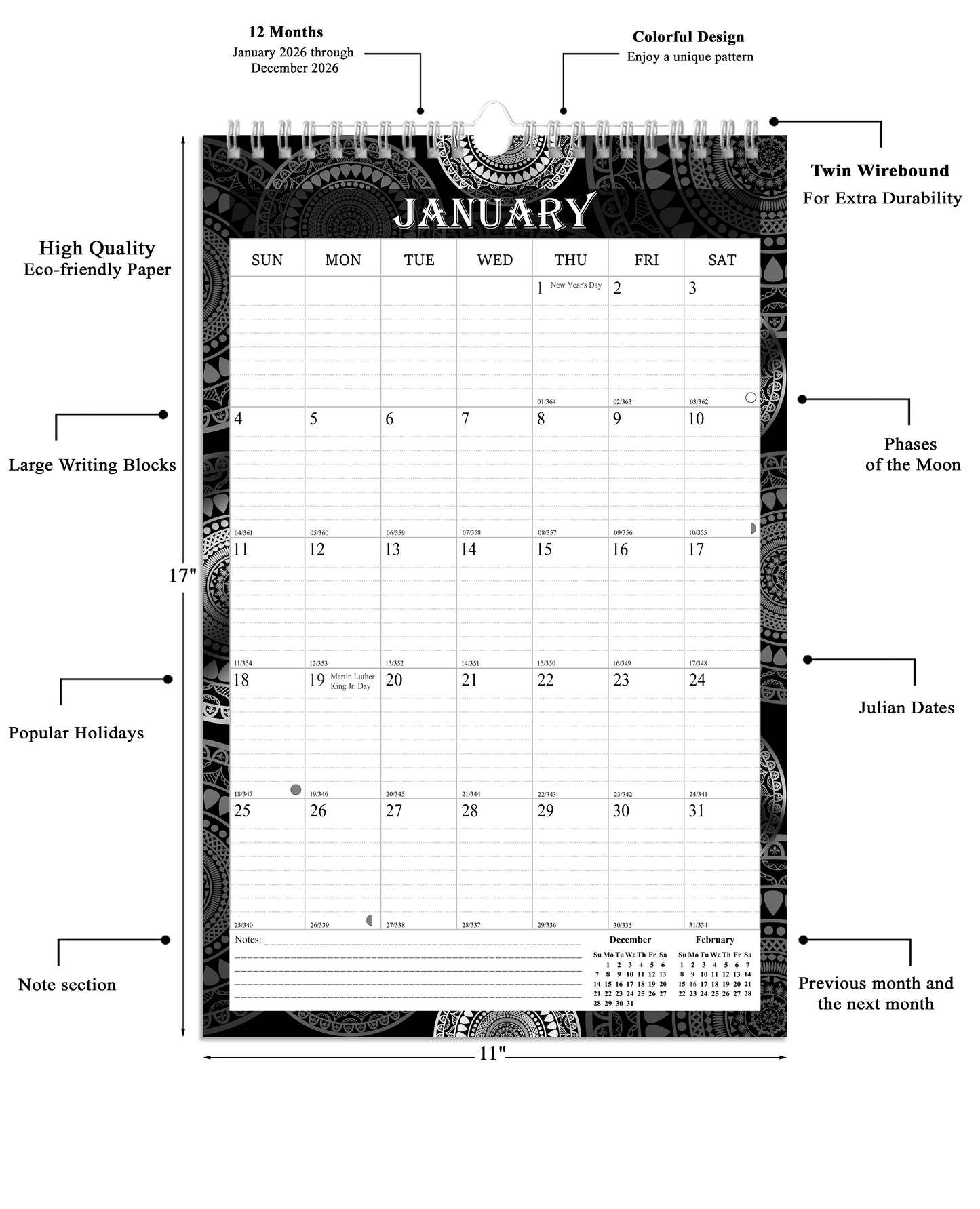 2026 Wall Calendar Spiral-Bound Twin-Wire Binding - 12 Months 09 B&W