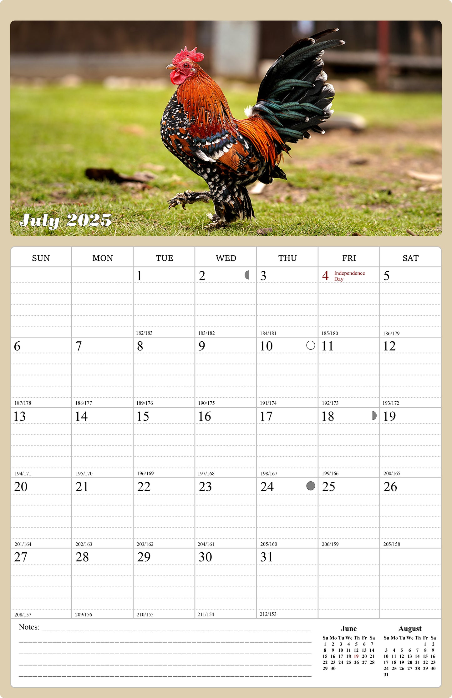 2025 - 2026 Wall Calendar Spiral-bound Twin-Wire Binding - 18 Months Planner - Large Ruled Blocks with Julian Dates - (Roosters)