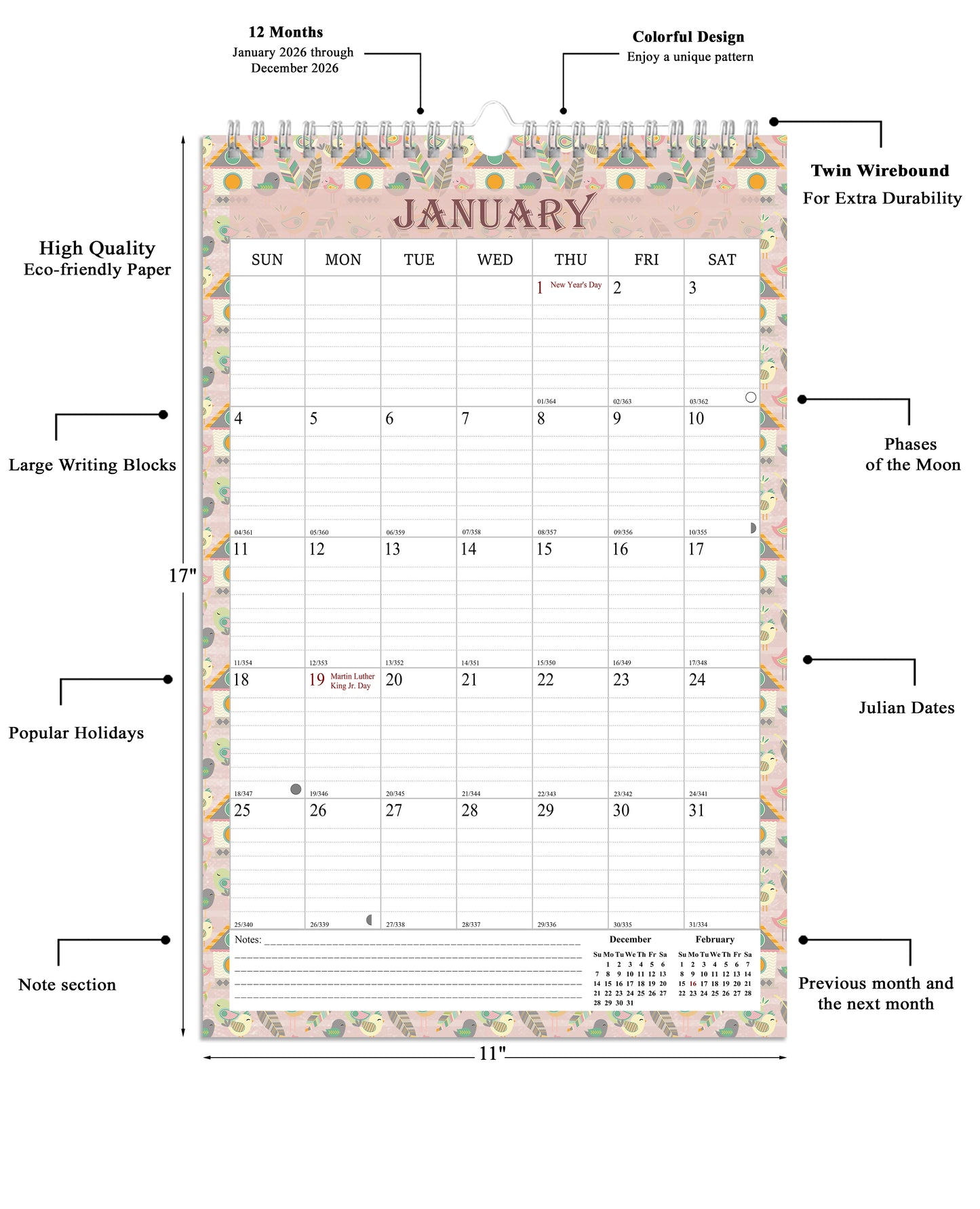 2026 Wall Calendar Spiral-Bound Twin-Wire Binding - 12 Months 16