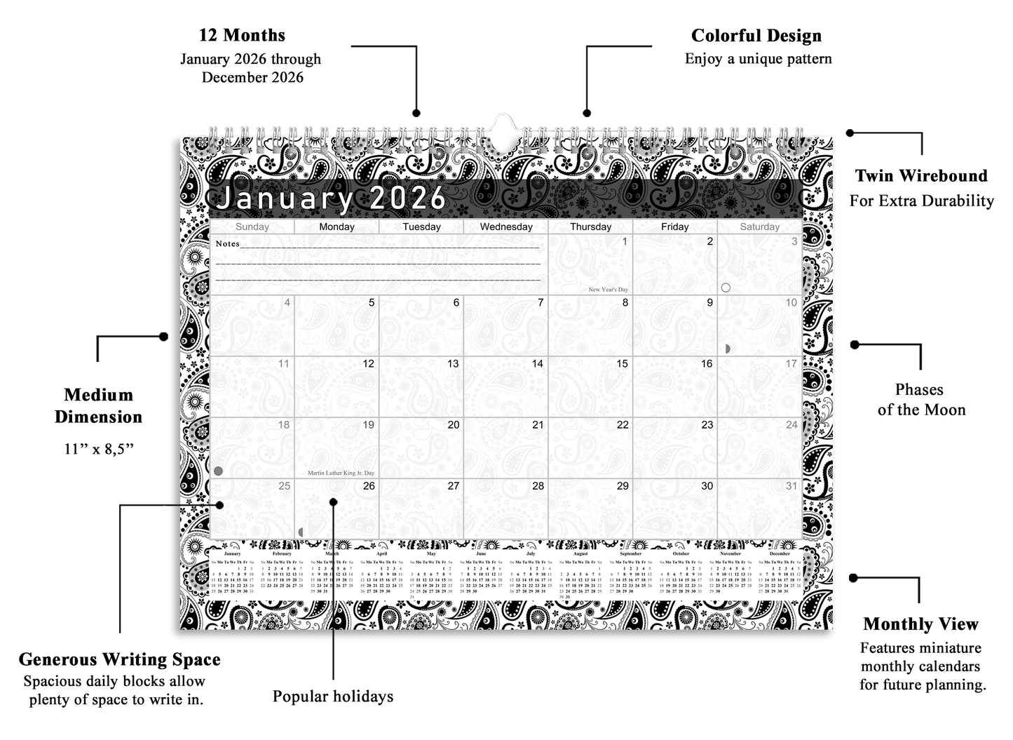 2025-2026 Monthly Spiral-Bound Wall / Desk Calendar - Desktop / Wall Blotter Calendar / Planner - (Edition #11)