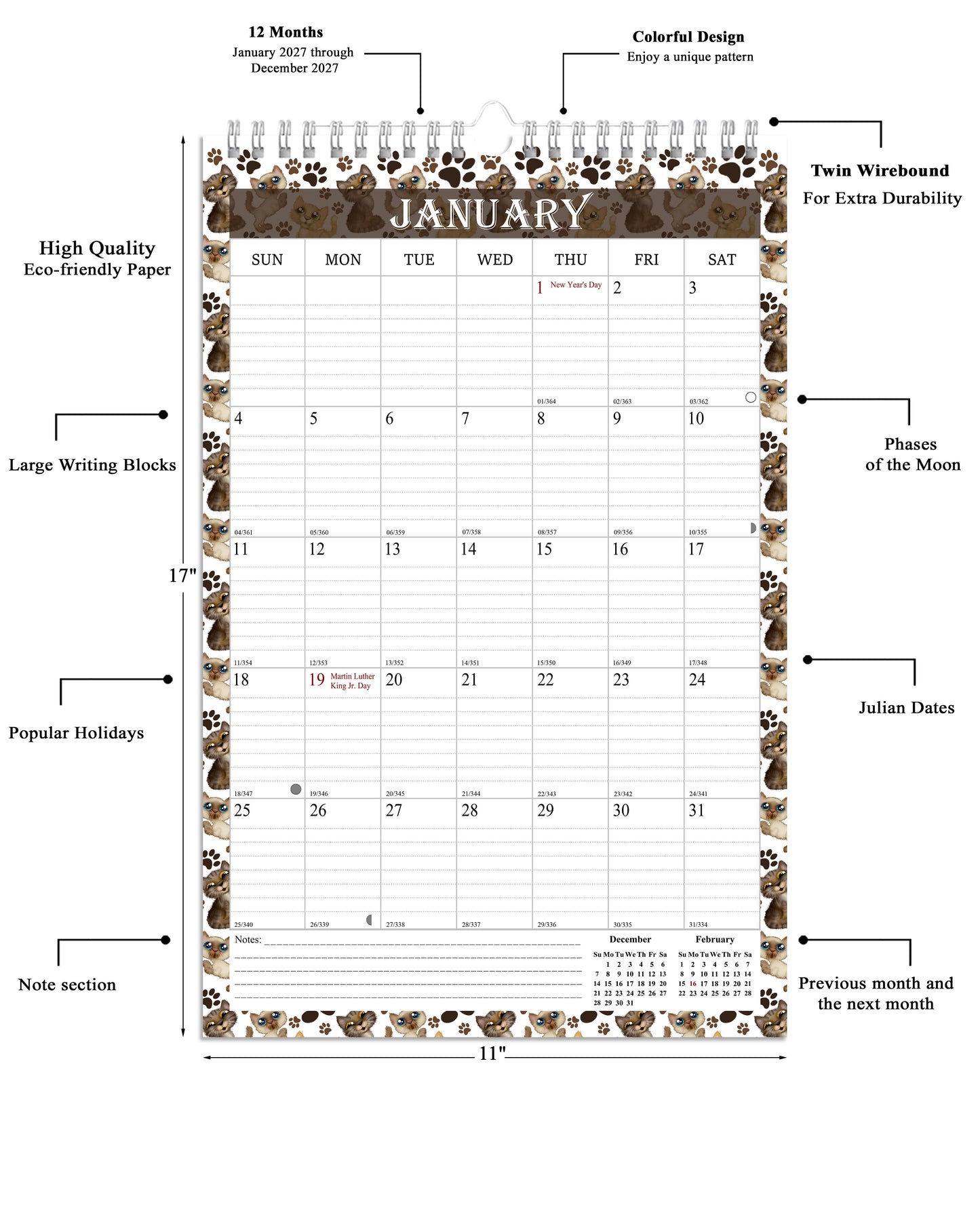2027 Wall Calendar Spiral-Bound Twin-Wire Binding - 12 Months 17