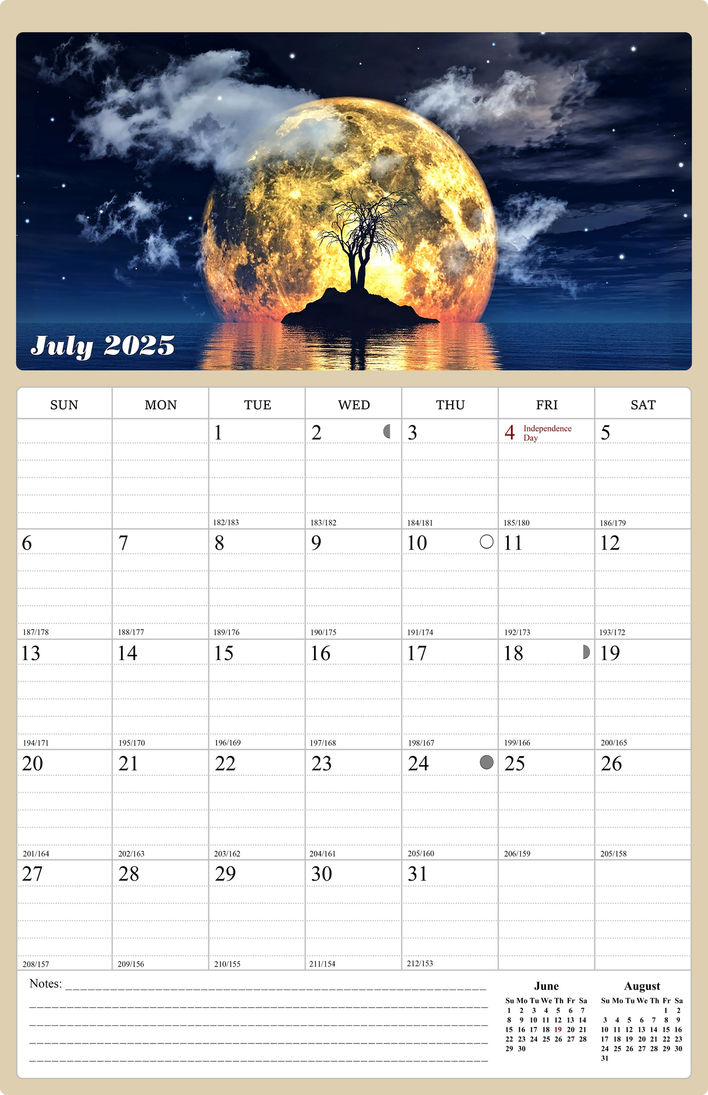 2025 - 2026 Wall Calendar Spiral-bound Twin-Wire Binding - 18 Months Planner - Large Ruled Blocks with Julian Dates - (Lunar)