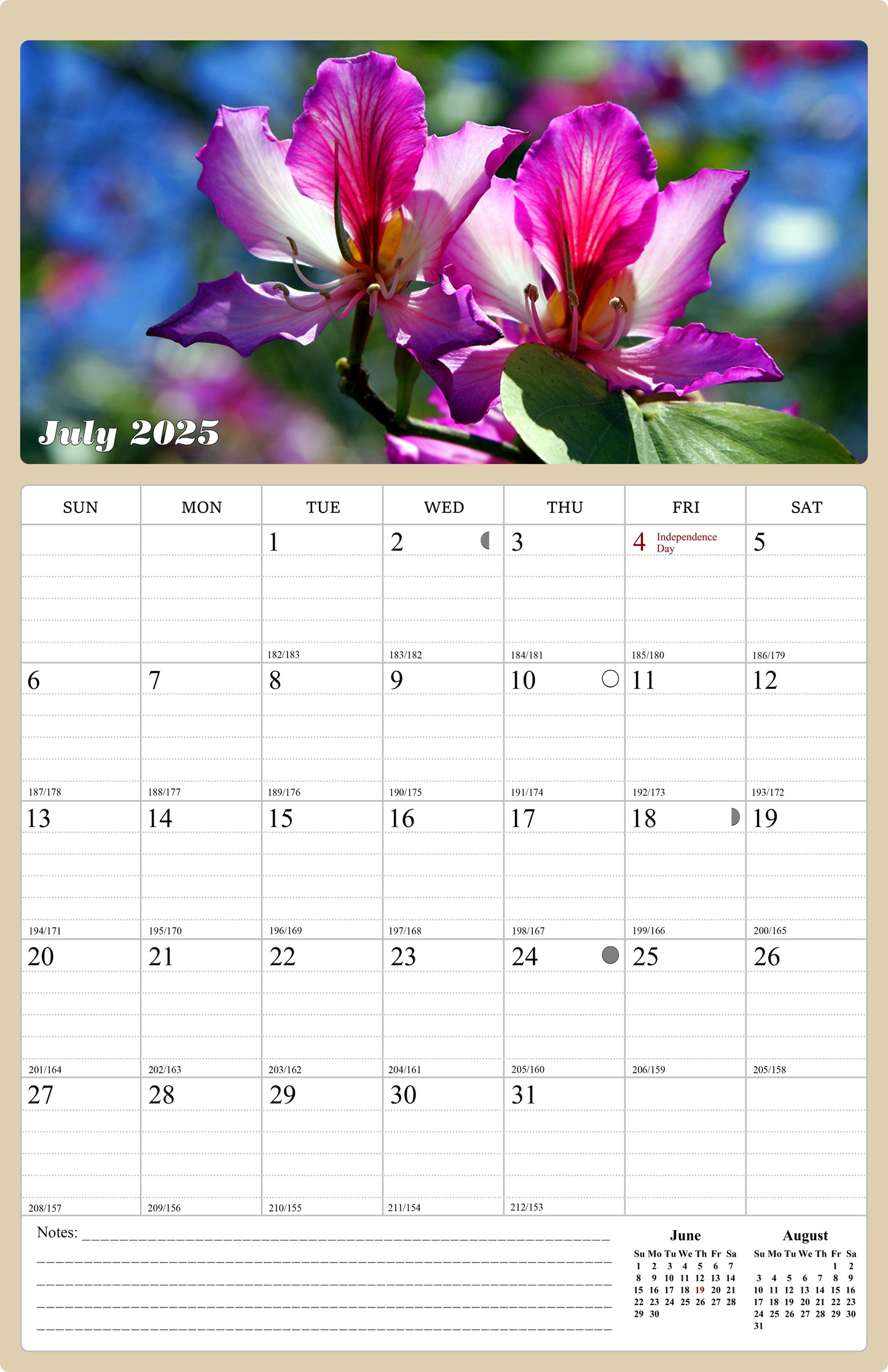 2025 - 2026 Wall Calendar Spiral-bound Twin-Wire Binding - 18 Months Planner - Large Ruled Blocks with Julian Dates - (Flowers)