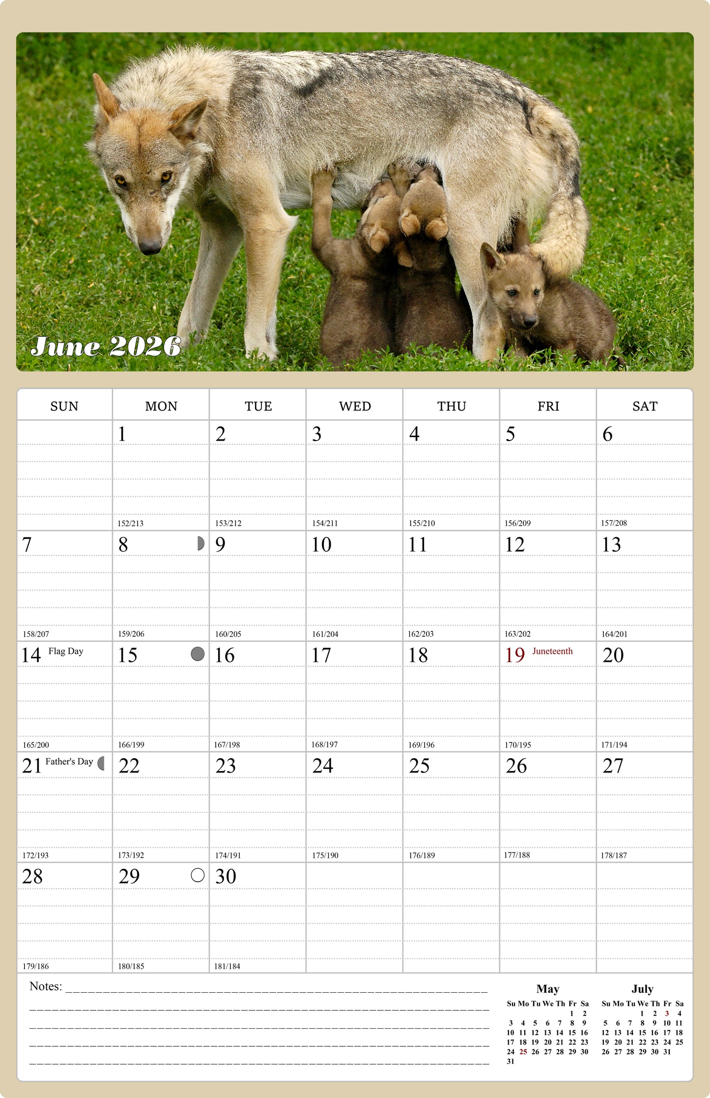 2025 - 2026 Wall Calendar Spiral-bound Twin - 18 Months (Wolfs) 11" x 17"