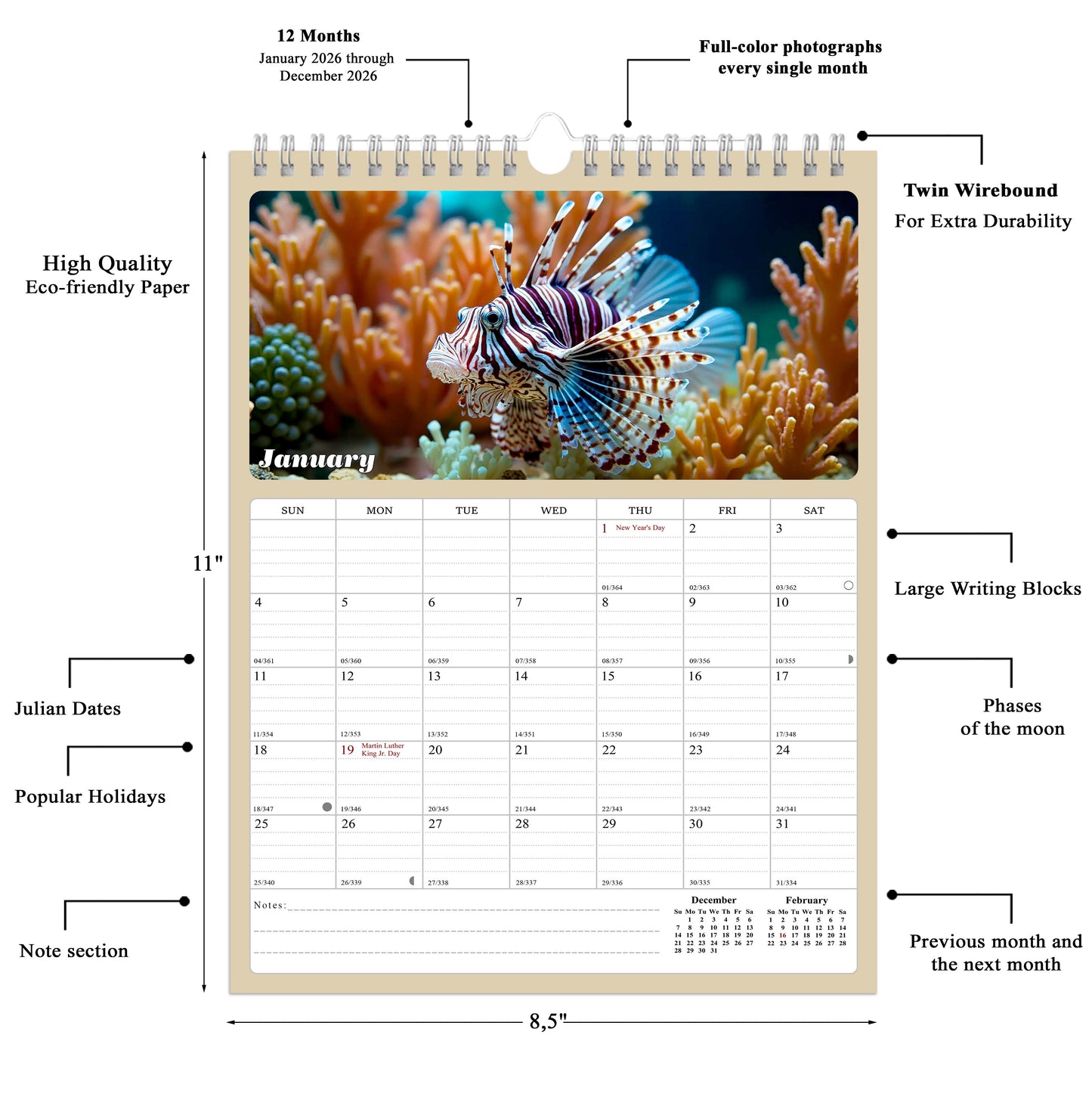 2026 Wall Calendar Spiral-bound Twin-Wire Binding - 12 Months Planner - Large Ruled Blocks with Julian Dates - (Tropical Fishes)
