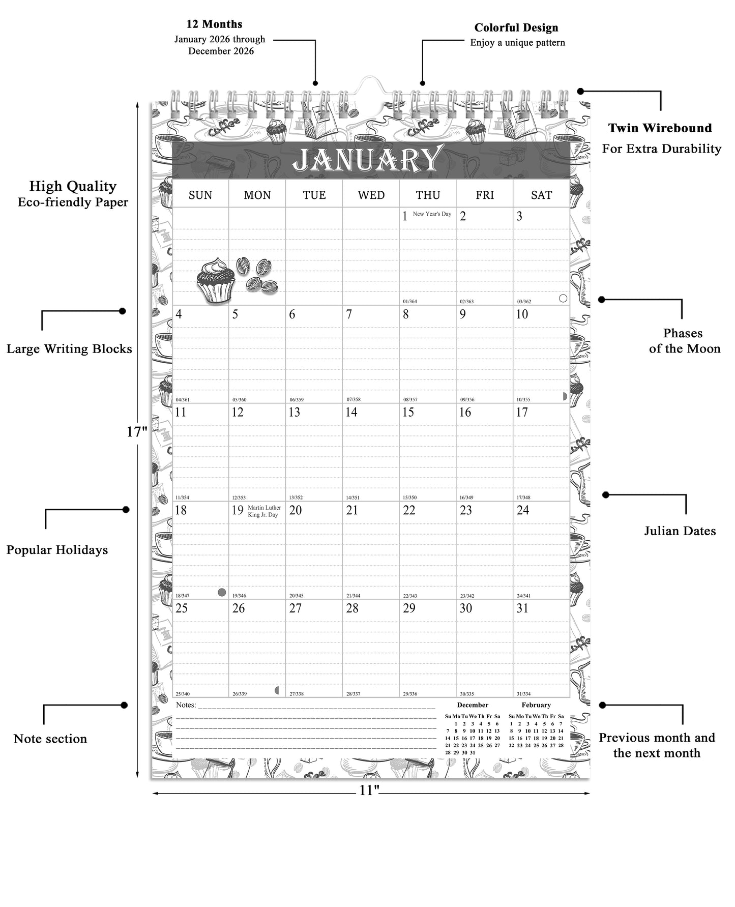 2026 Wall Calendar Spiral-Bound Twin-Wire Binding - 12 Months 010 B&W