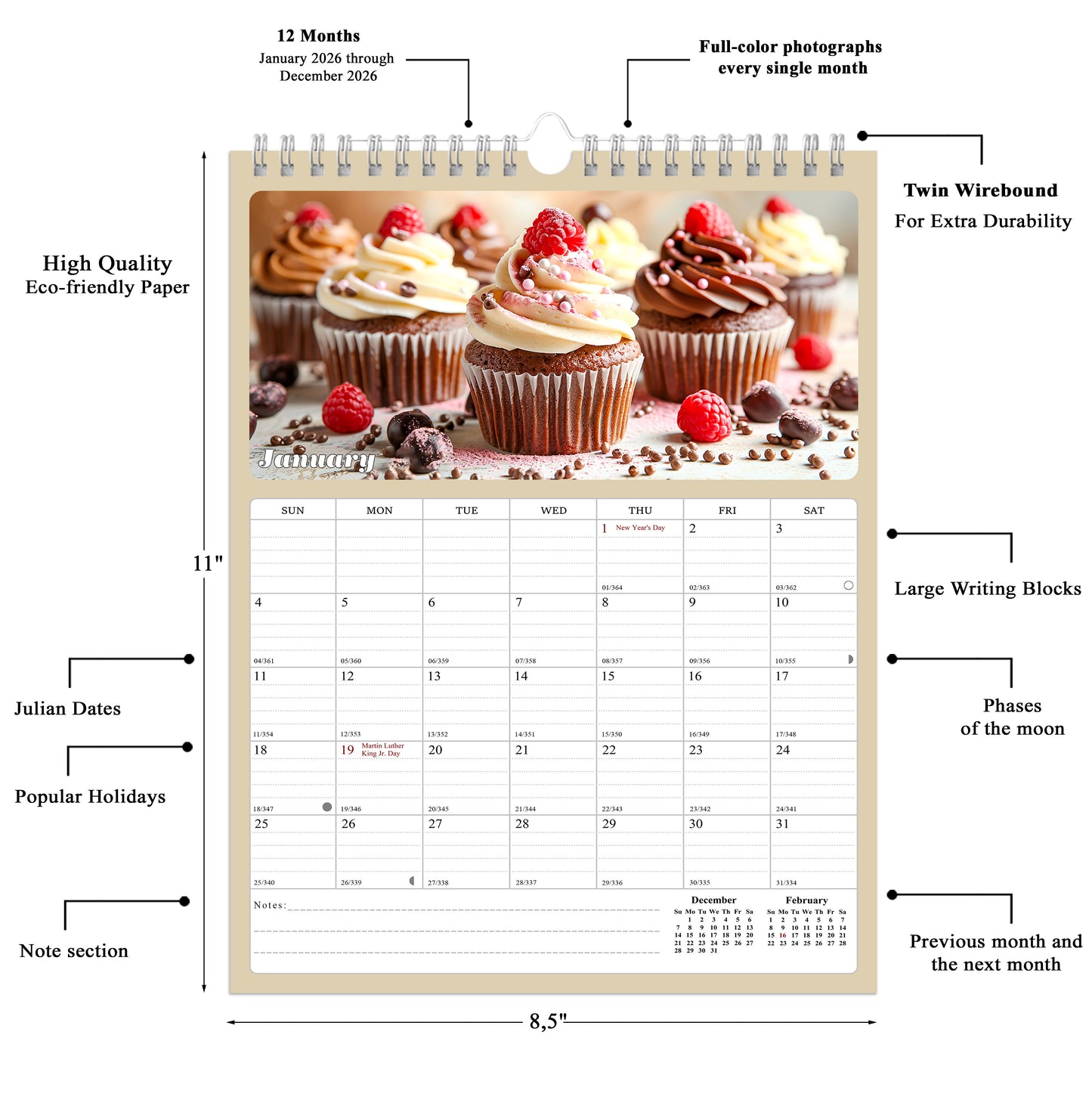 2026 Wall Calendar Spiral-bound Twin-Wire Binding - 12 Months Planner - Large Ruled Blocks with Julian Dates - (Cupcakes)
