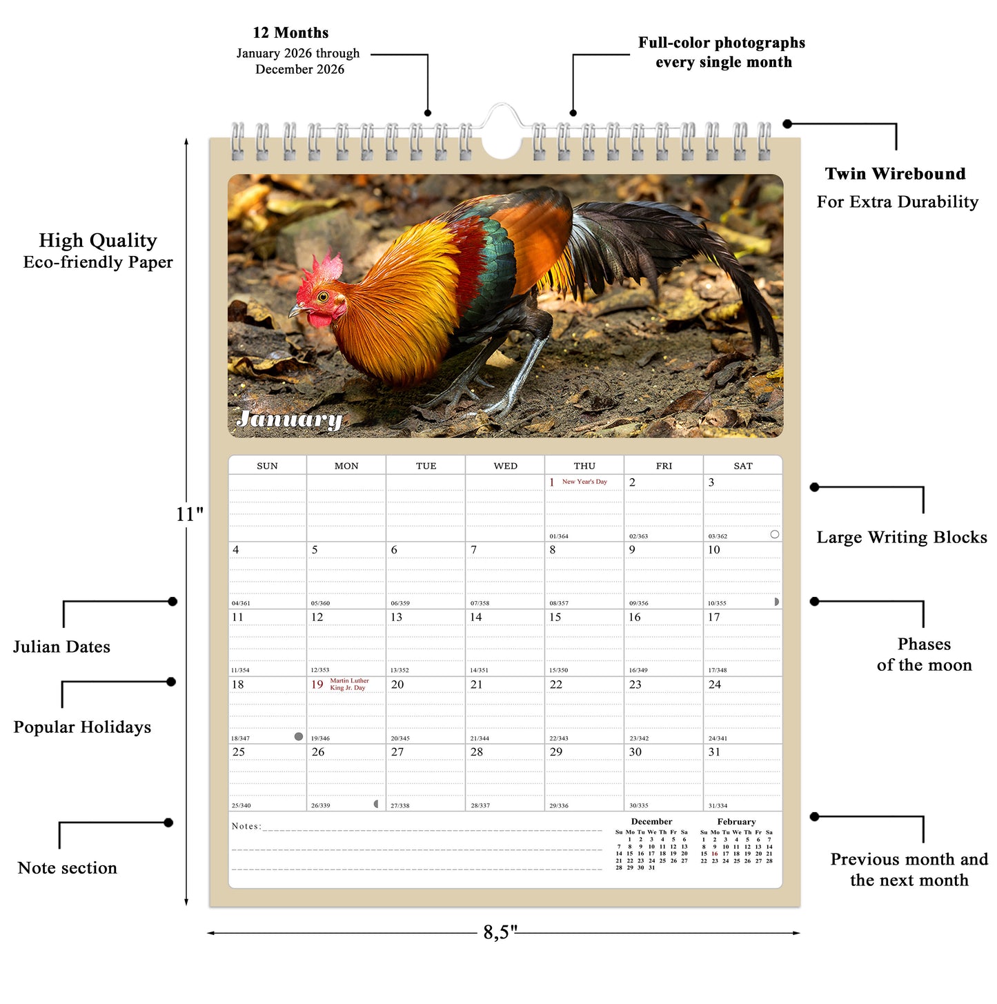 2026 Wall Calendar Spiral-bound Twin-Wire Binding - 12 Months Planner - Large Ruled Blocks with Julian Dates - (Roosters)