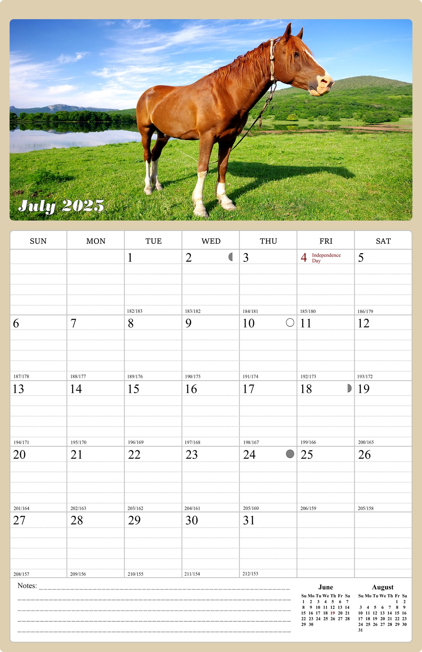 2025 - 2026 Wall Calendar Spiral-bound Twin-Wire Binding - 18 Months Planner - Large Ruled Blocks with Julian Dates - (Horses)