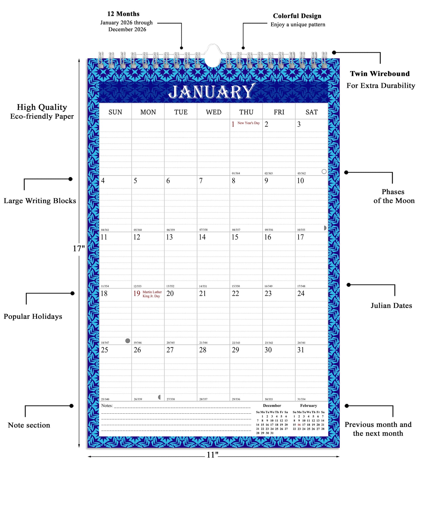 2026 Wall Calendar Spiral-Bound Twin-Wire Binding - 12 Months 14