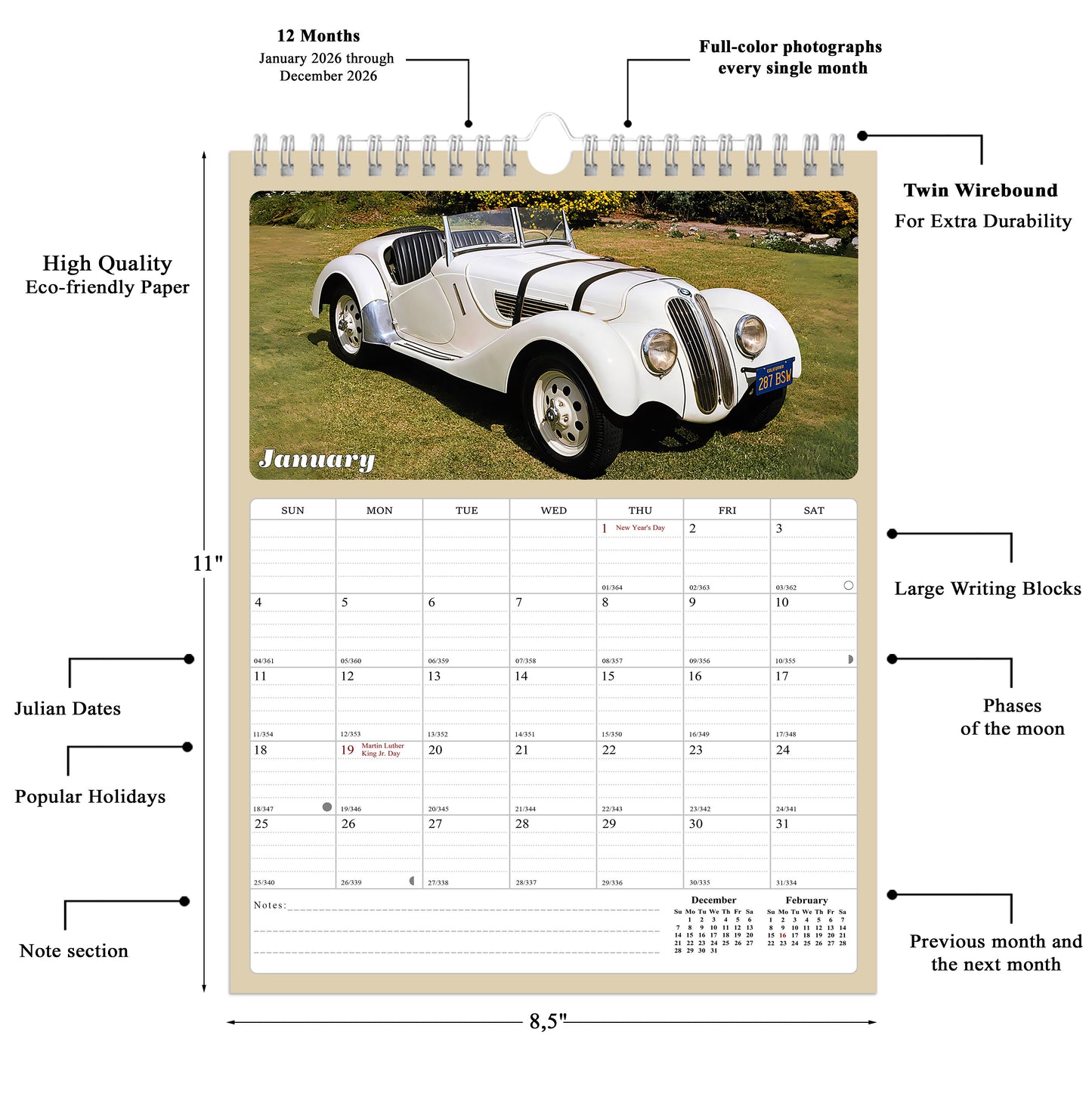 2026 Wall Calendar Spiral-bound Twin-Wire Binding - 12 Months Planner - Large Ruled Blocks with Julian Dates - (Classic Cars)
