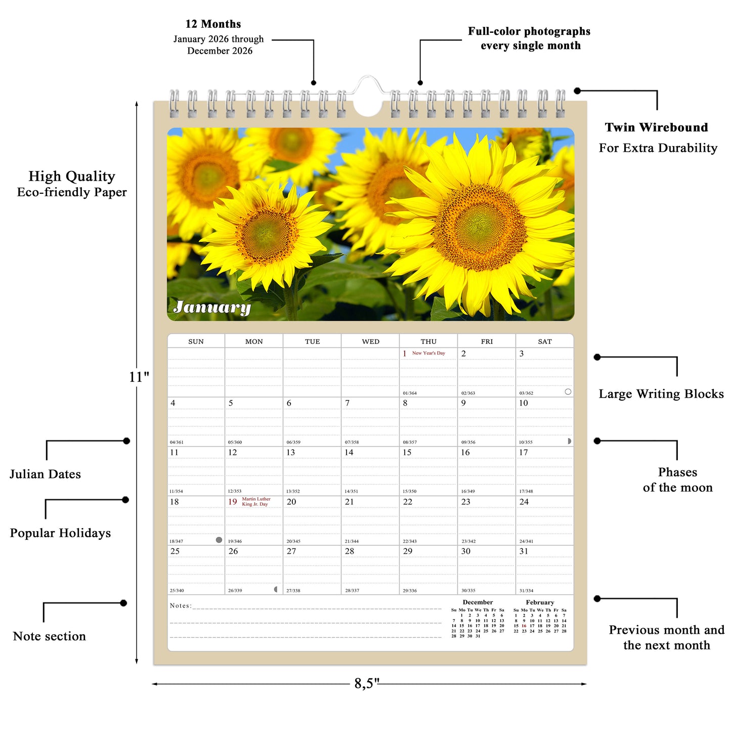 2026 Wall Calendar Spiral-bound Twin-Wire Binding - 12 Months Planner - Large Ruled Blocks with Julian Dates - (Sunflowers)