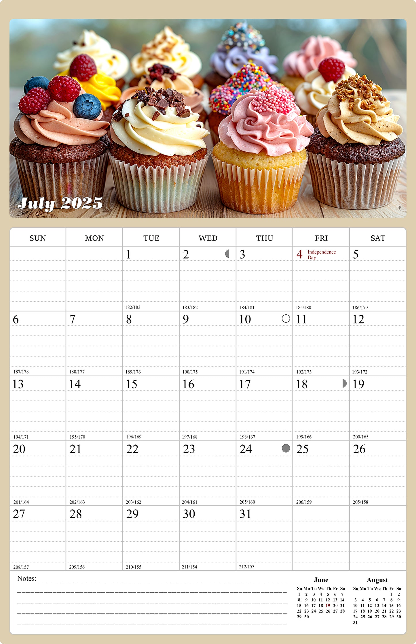 2025 - 2026 Wall Calendar Spiral-bound Twin-Wire Binding - 18 Months Planner - Large Ruled Blocks with Julian Dates - (Cupcakes)