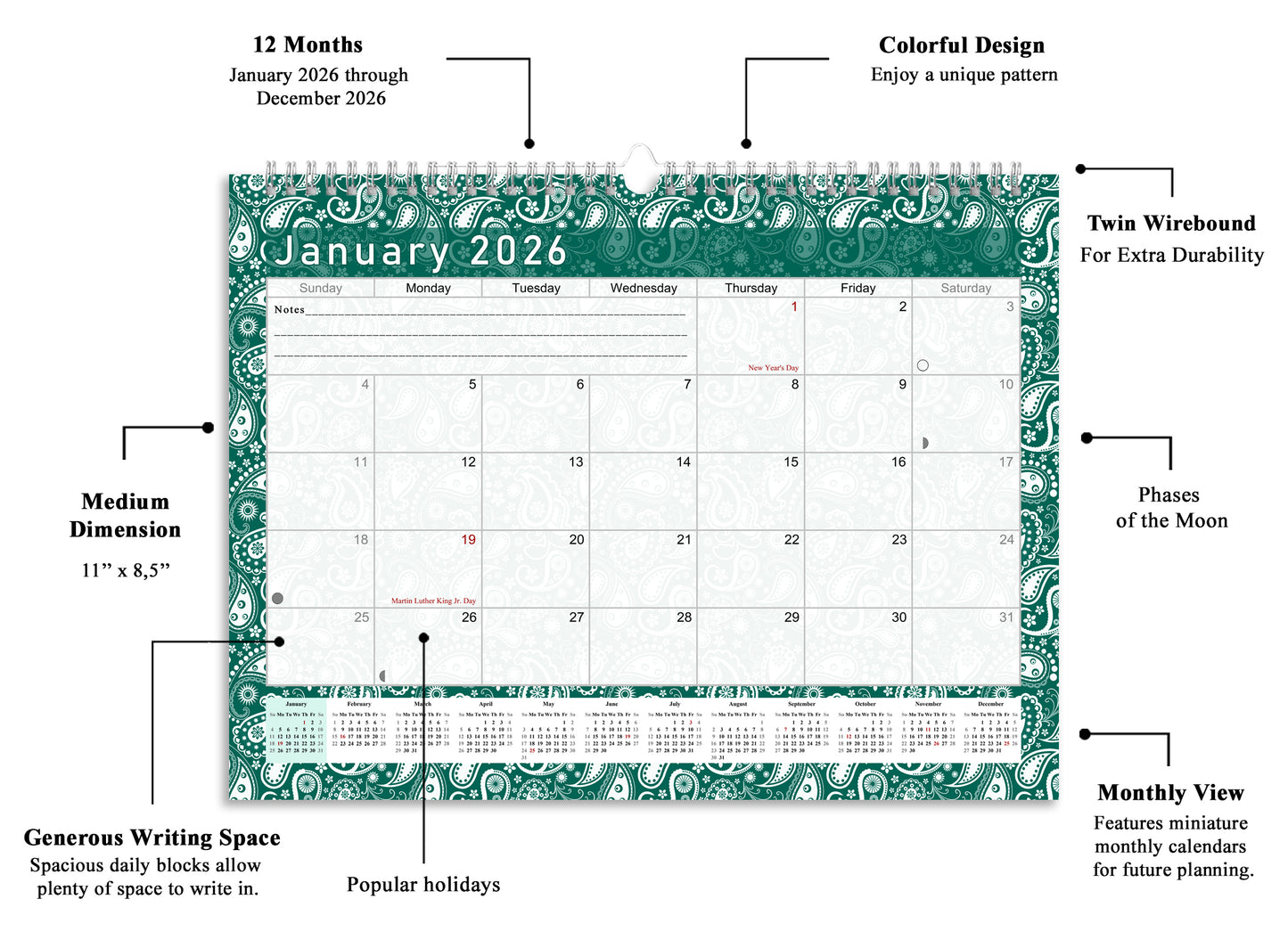 2025-2026 Monthly Spiral-Bound Wall / Desk Calendar - Desktop / Wall Blotter Calendar / Planner - (Edition #24)
