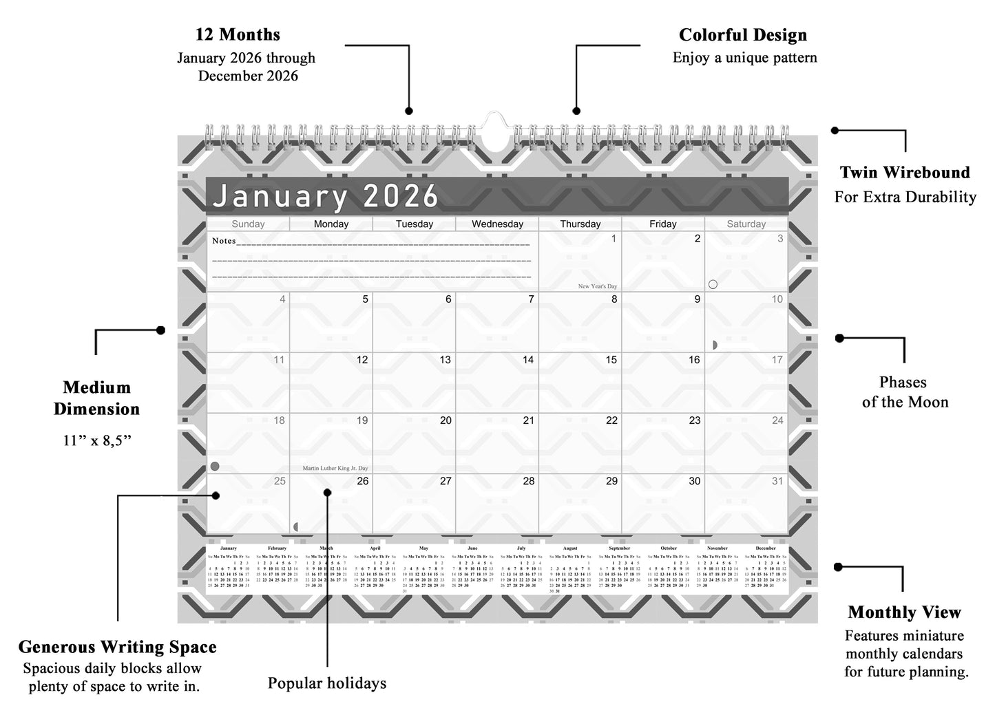 2025-2026 Monthly Spiral-Bound Wall/Desk Calendar - Desktop/Wall Blotter Calendar/Planner - (Edition Geometric B&W #04)