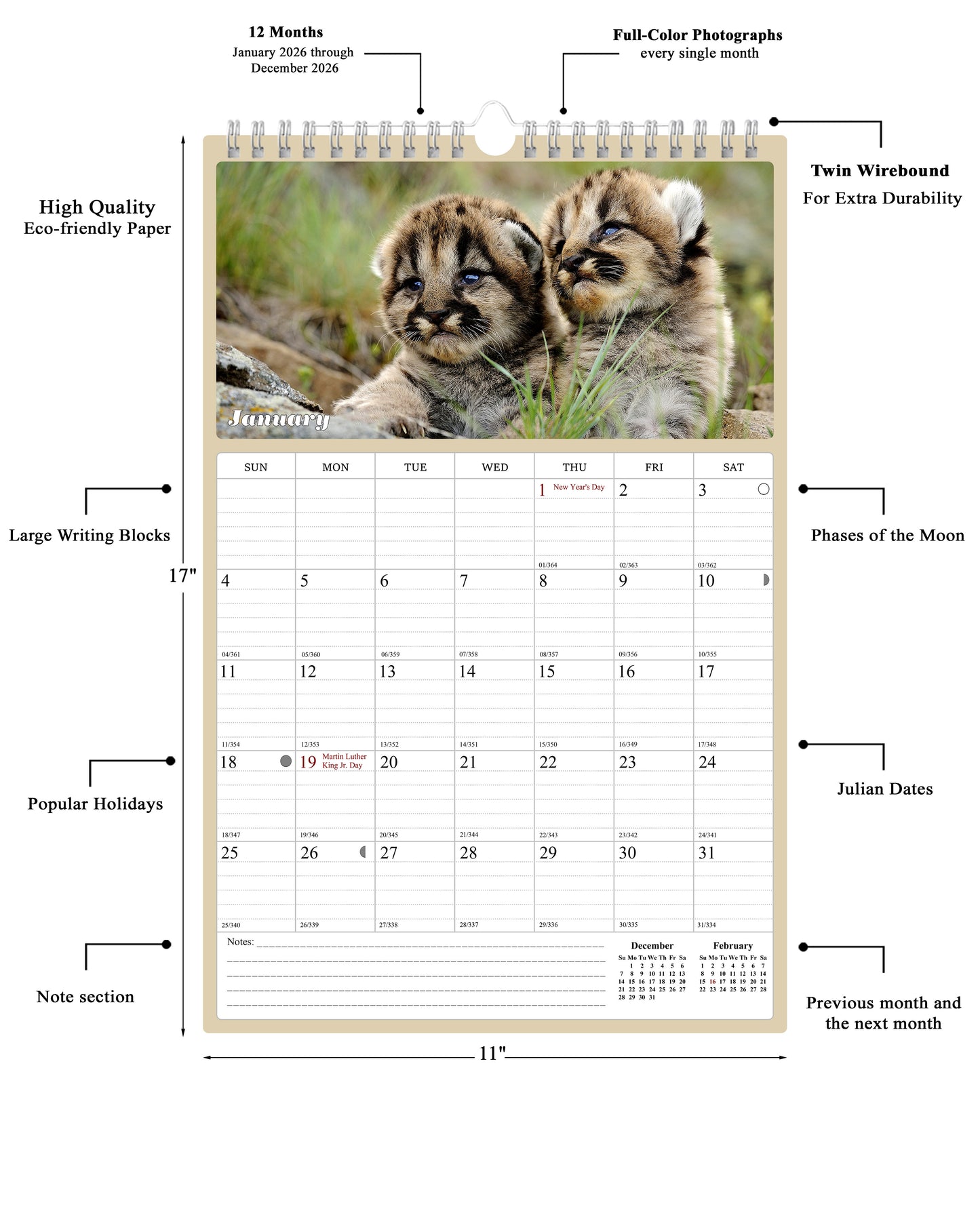 2026 Wall Calendar Spiral-bound Twin-Wire Binding - 12 Months Planner - Large Ruled Blocks with Julian Dates - (Baby Animals)